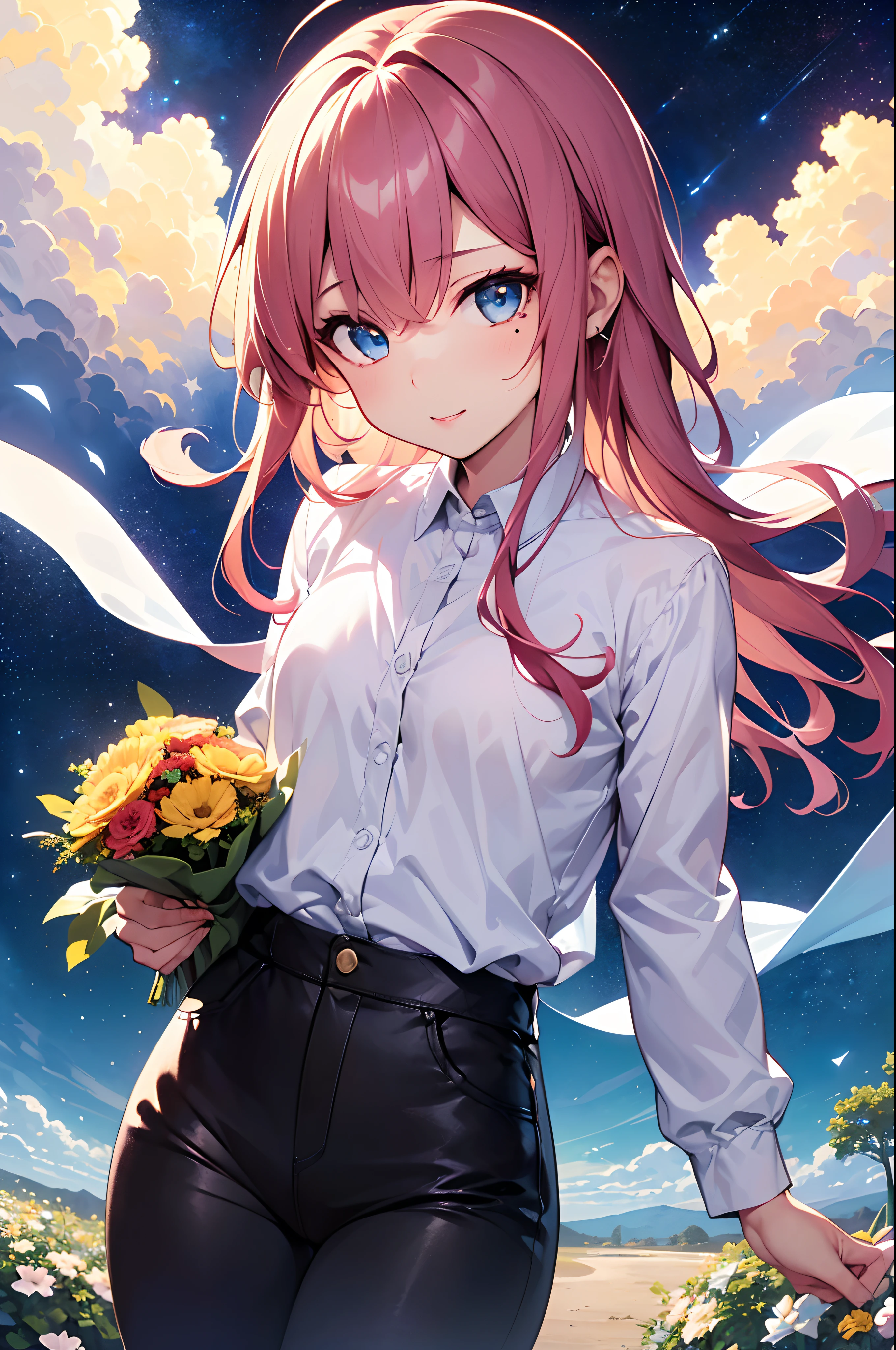 (Girl with a nasty appearance:1.3)、(sacred place:1.5)、(and chest:1.4)、Raw photography, top-quality, hight resolution, (masterpiece), (Photorealsitic:1.4), (Mole under the eyes),Anime Cosplay, foco nítido, nffsw, 8K分辨率, intricate detailes, depth of fields, the Extremely Detailed CG Unity 8K Wallpapers, front lit, femele,25-years old、 Happy face、(Odango Hair:1.5)、(A big bouquet in his hands:1.5)、see -through、(Medium pink hair)、blue eyess,(Stars in the eyes:1.5)、(Bright colored shirt and black skinny pants:1.3)、(Shining starry sky:1.4)