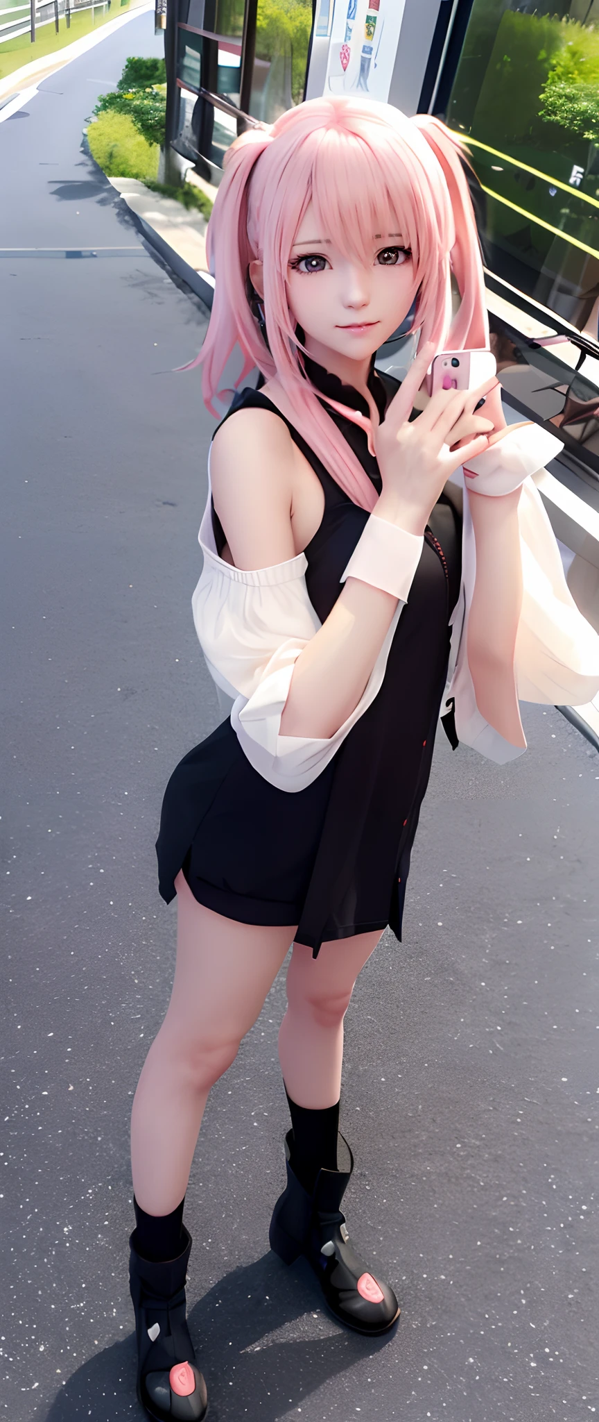 Anime girl taking selfie with mobile phone while standing next to guy, realistic anime 3 d style, artwork in the style of guweiz, guweiz, Couple Pose, ( A hyper-realistic ), Anime style. 8K, Realistic art style, girls frontline style, e - girl, e-Girl, realism artstyle, inspired by Kun Can
