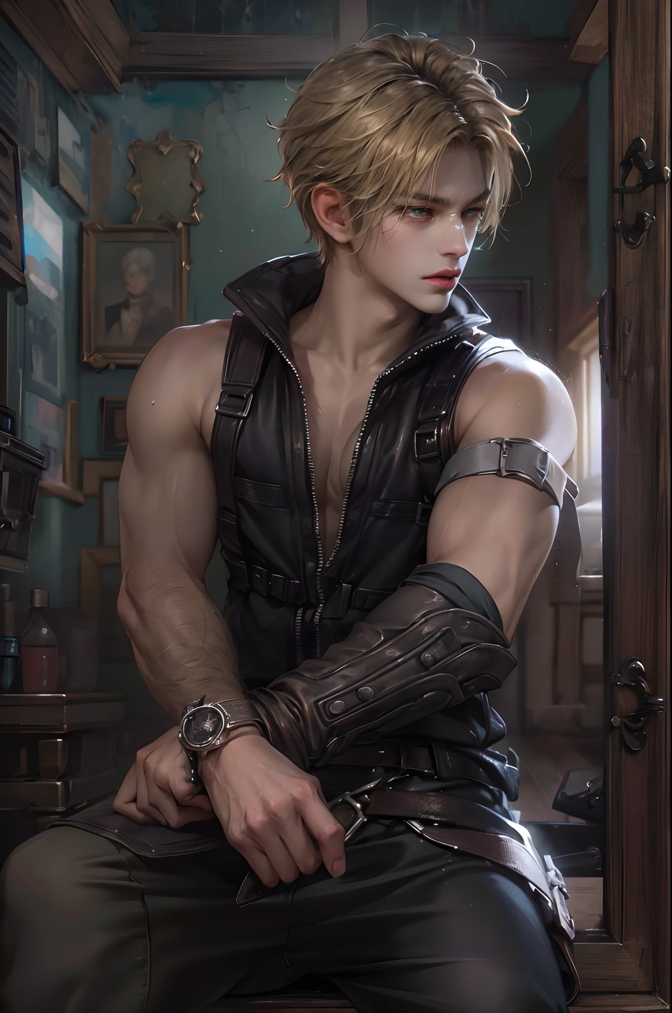 (absurdres, highres, ultra detailed, HDR), masterpiece, best quality, Final Fantasy 7, short hair, handsome face, anime eyes, detailed interior, detailed character