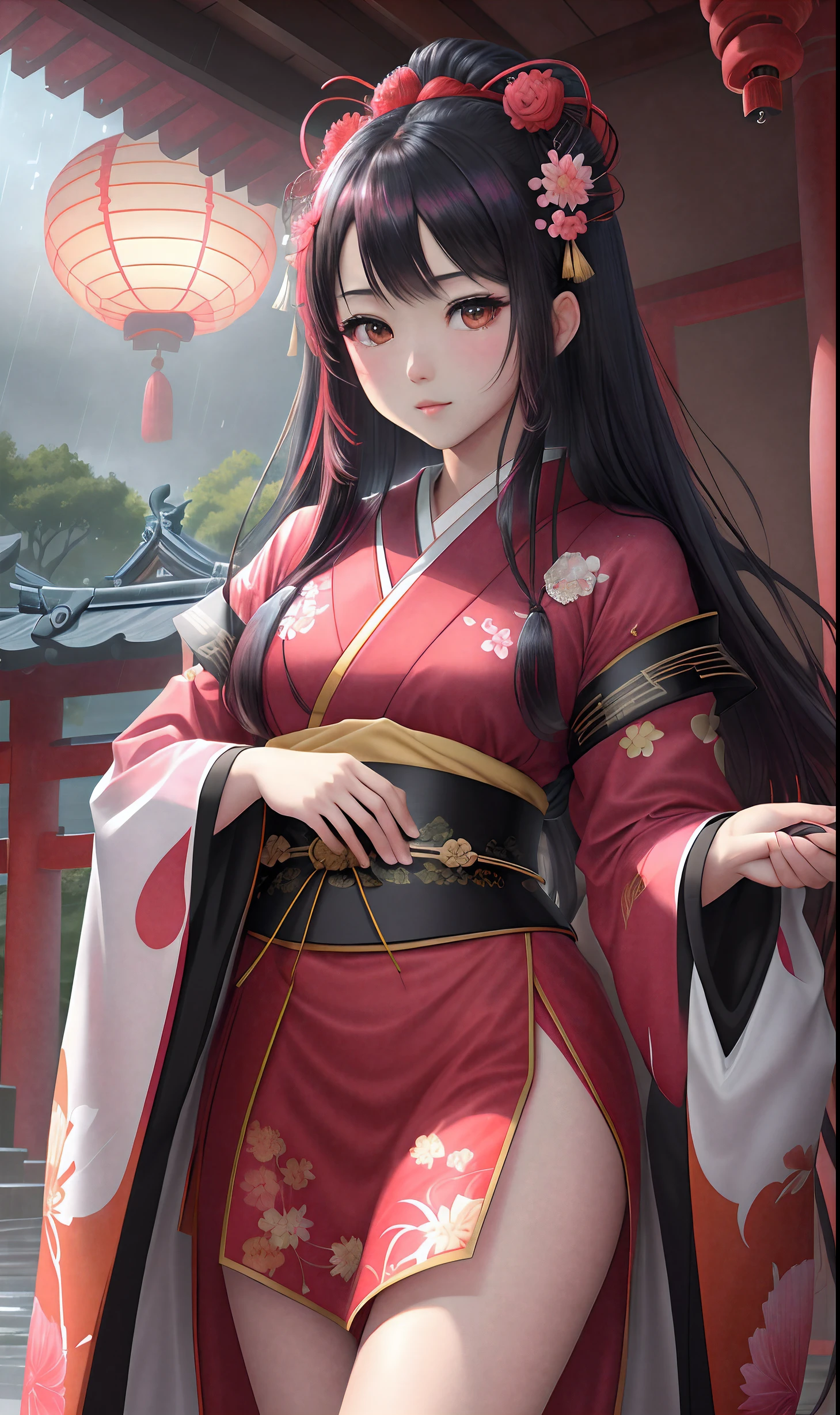 (8k, RAW photo: 1.2), best quality, ultra high resolution, dramatic angle, (splashes of detailed and vibrant colors), (illustration), (((1 Japanese girl)))), (dark pink long hair), (rain:0, 9), (hair ornament: 1.4), there is an ancient palace next to the girl, Chinese clothes, (focus on), colorful painting with ink, (splashes of colors), colored splashes, (((color))), (sketch: 0, 8),  Masterpiece, best quality, beautifully painted, highly detailed, (noise reduction: 0, 6), [paint splash], ((paint refraction)), (beautiful detailed sky), moon, highly detailed, (masterpiece, best quality, extremely detailed 8k CG unit wallpaper, masterpiece, best quality, ultra-detailed), (Lycoris radiata)