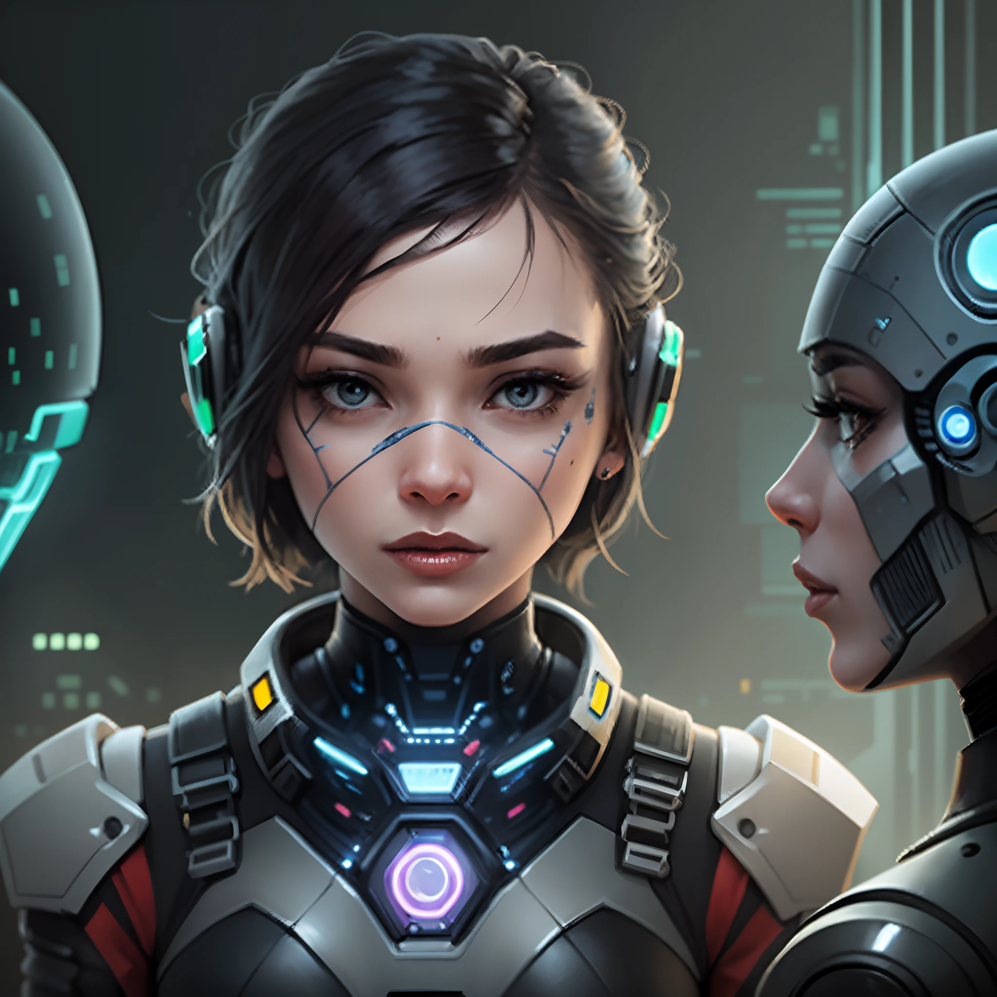 a woman looking at a robot's head, cyber background, beautiful avatar pictures, man and woman, connectedness, ad image, integrated synthetic android, intricate image, terminals, avatar image --auto --s2