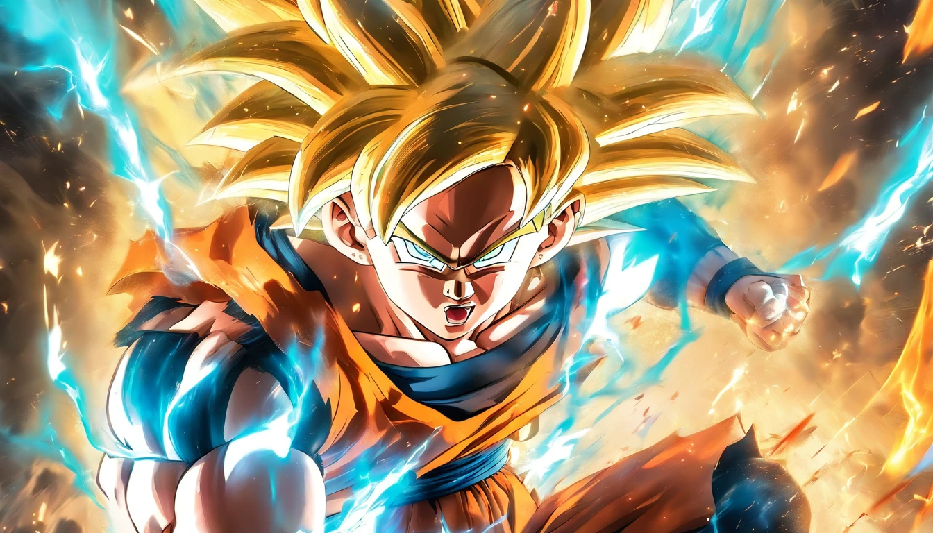 Action-filled depiction of Goku in Super Saiyan mode from Dragon Ball, with bright, explosive background effects, rendered in the style of Rossdraws and Stanley Artgerm Lau.