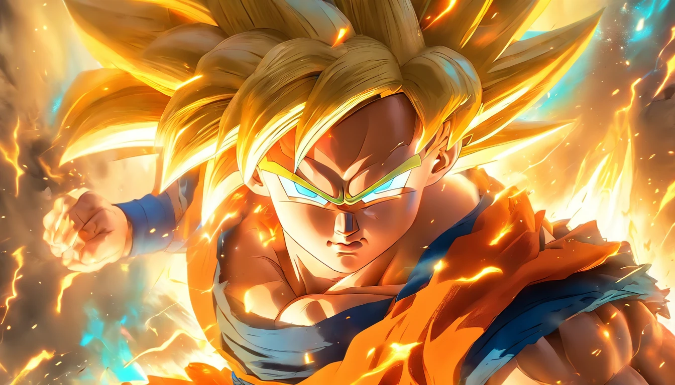 Action-filled depiction of Goku in Super Saiyan mode from Dragon Ball, with bright, explosive background effects, rendered in the style of Rossdraws and Stanley Artgerm Lau.