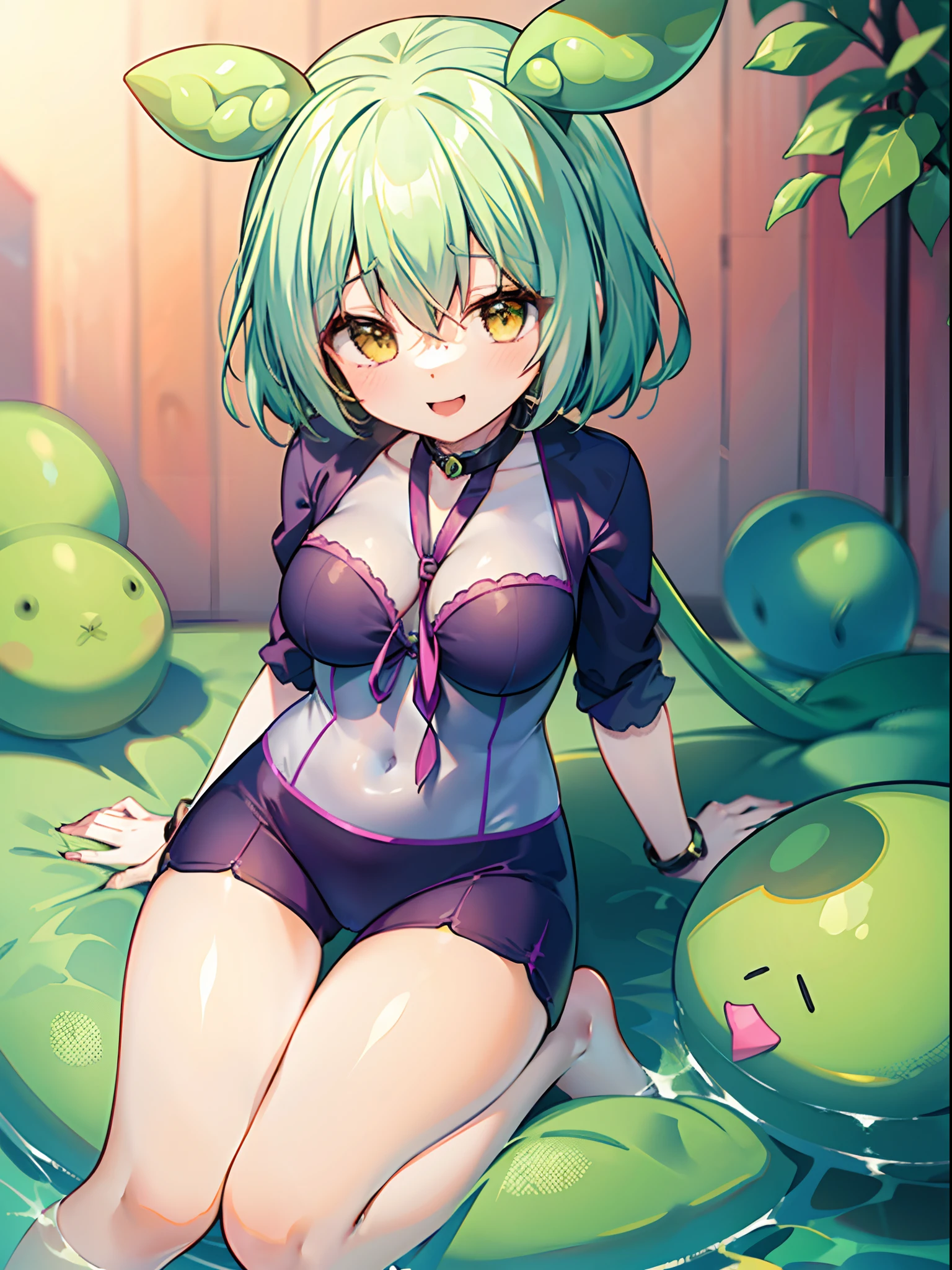 a beauty girl，Yellow-green hair，bobhair、short-hair、Gentle drooping eyes，large full breasts、校服，Manga style，fulcolor，hi-school girl，Calm and gentle face，Big smile、innocent smiles, School swim wear,bikini