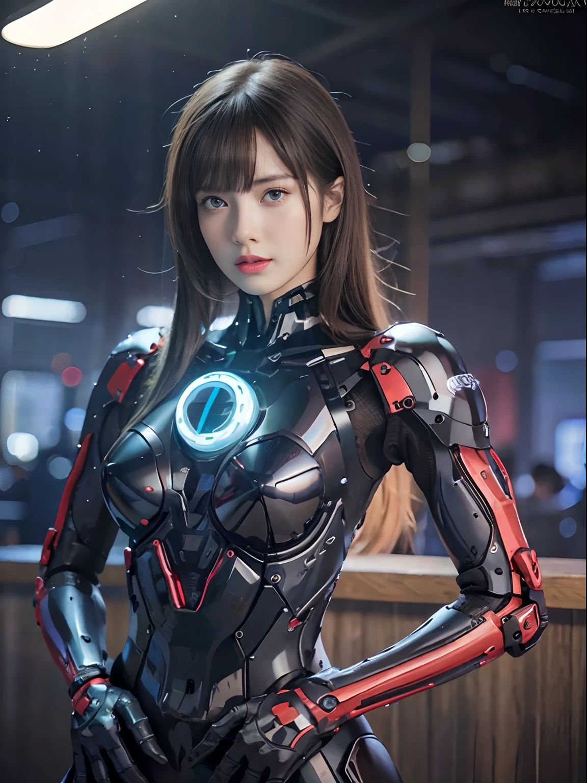 （Fight against mechanical robot soldiers）、top-quality、​masterpiece、超A high resolution、(sexypose),（Wearing a futuristic sun visor）、(Photorealsitic:1.4)、Raw photo、***1人、Black hair、glowy skin、((1 Mechanical Girl))、((super realistic details))、portlate、（Small LED lamp）、Wire tubes that glow all over the body、globalillumination、Shadow、octan render、8K、Armpit、ultrasharp、Colossal tits、Small LED lamp、Raw skin is exposed in cleavage、metals、blood vessels connected to tubes、With weapons、Red bodysuit、Armpit、Cyberpunk city background、Details of complex ornaments、Japan details、highly intricate detail、Realistic light、CGSoation Trends、Blue eyes、radiant eyes、Facing the camera、neon details、（Helmet of the Brave）、Mechanical limbs、blood vessels connected to tubes、Mechanical vertebrae attached to the back、mechanical cervical attaching to neck、Wires and cables connecting to the head、Gundam、Small LED lamp、Toostock、Toostock、