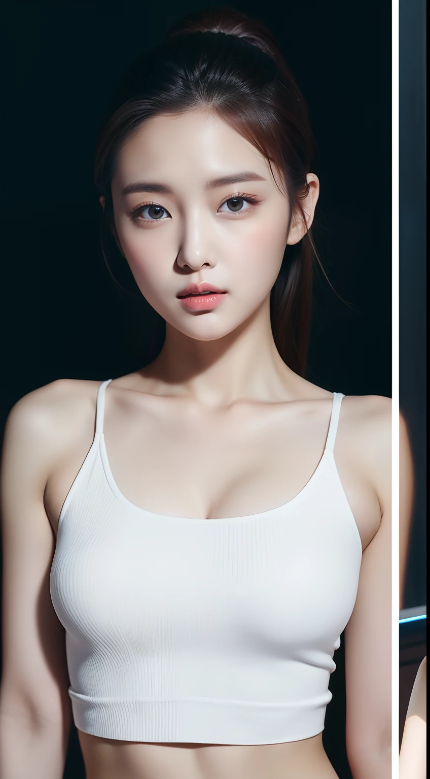 realistic photos of 1 cute Korean star, hair pulled back, white skin, thin makeup, 32 inch breasts size, wearing crop top, at the stream side, night, upper body portrait, dithering, UHD