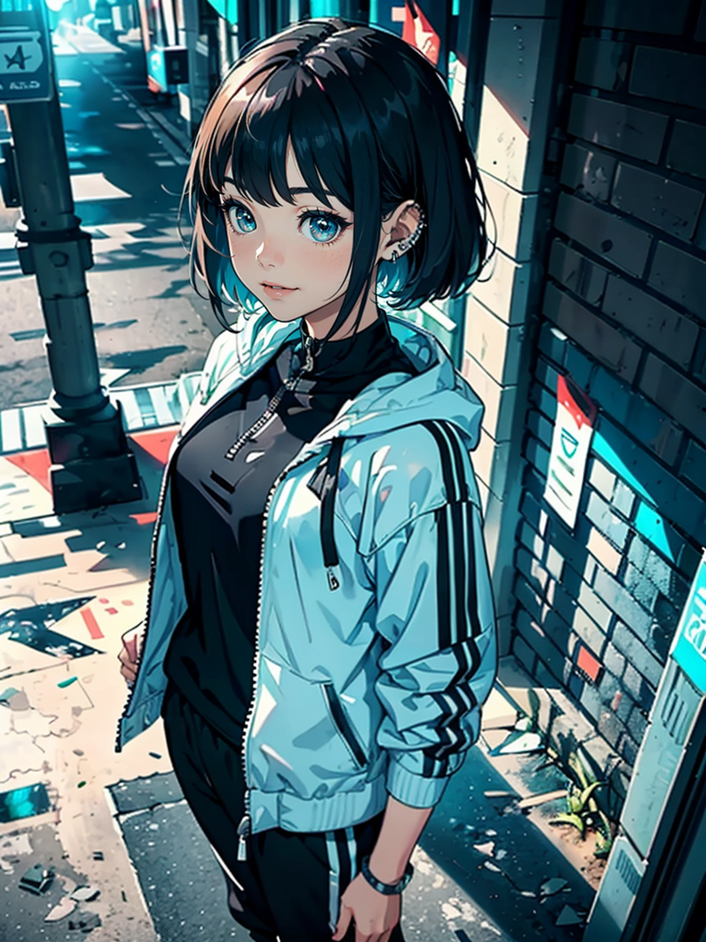 Masterpiece, HDR, unity 8k,anime art, solo girl, young woman,upper body,side Bangs, wide smile, piercing, Bob hair, short black hair, Zipper jacket, oversize jacket:1.2, long jogger pants, white jacket,short Sleeve oversize, distro, natural lighting, town, headset on neck:1.2,gamer style,standing tall, (high angle:1.2),top angle,