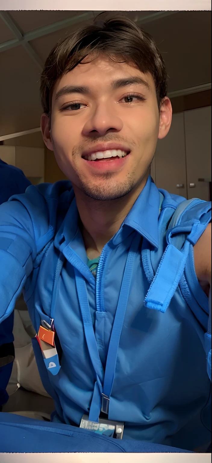 there is a man that is wearing a blue lanyard, detailed professional photo, amazing professional picture, 8k selfie photograph, very very low quality picture, with a happy expression, perfect expression, post graduate, student, professional detailed photo, professional foto, with accurate face, david uzochukwu, marvelous expression, taken with the best dlsr camera
