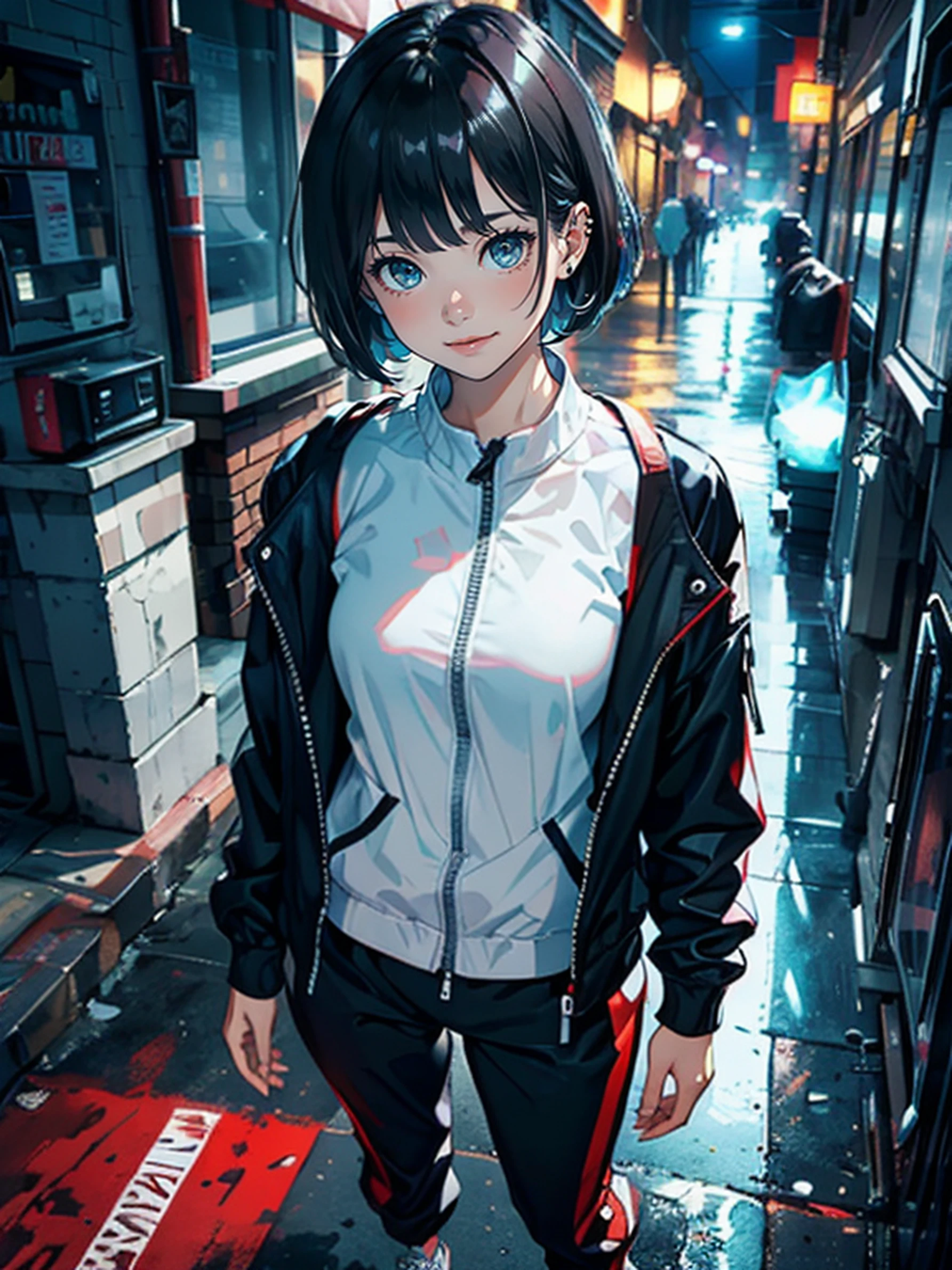 Masterpiece, HDR, unity 8k,anime art, solo girl, young woman,upper body,side Bangs, wide smile, piercing, Bob hair, short black hair, Zipper jacket, oversize jacket:1.2, long jogger pants, white jacket,short Sleeve oversize, distro, natural lighting, town, headset on neck:1.2,gamer style,standing tall, (high angle:1.2),top angle,