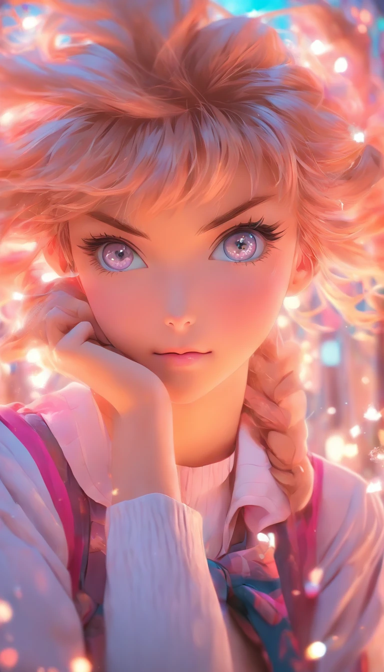 A portrait of a modern anime schoolgirl with sparkling eyes and intricate hair detail, posed against a soft, pastel background, inspired by the works of Wlop and Sakimichan.