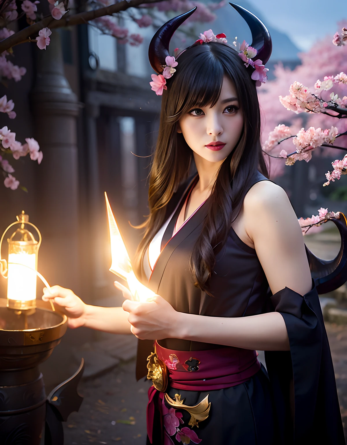 ((World of Darkness)),Professional , masterpiece、top-quality、photos realistic , depth of fields 、(sexypose)、(Background of cherry blossoms in full bloom),(Ultimate Beauty)、A dark-haired、()、(Kimono with beautiful pattern)、(Night background)、((a dark night)),(Wear a beautiful kimono),(Wear a beautiful kimono with colorful floral patterns)、Jewel Gold Weapon、Particles of light),(Has a devil's mask)、Gorgeous gold weapons ,(( Gorgeous Dragon Sword)) , (a dark night),,(maikurobikini) 、((Black Haired Beautiful Girl))、(Castle background)、(demonic wings)、((Gangle's forest background))、Beautiful Caucasian beauty、1a person、dynamic ungle,(((Two devil's horns on the head)))、Smaller head、Idle Smile、Thin and beautiful female hands、Mystical expression、Light Effects、intense fighting、Wind-effect、magic circles、With the legendary magic wand、Dragon's tail、