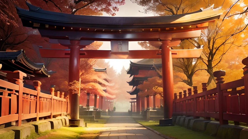 masutepiece)，Large trees stand side by side and you can see the torii gate in the middle.，There is a temple behind the torii gate.，Frontal photography of the awe-inspiring scenery，Japanese landscape