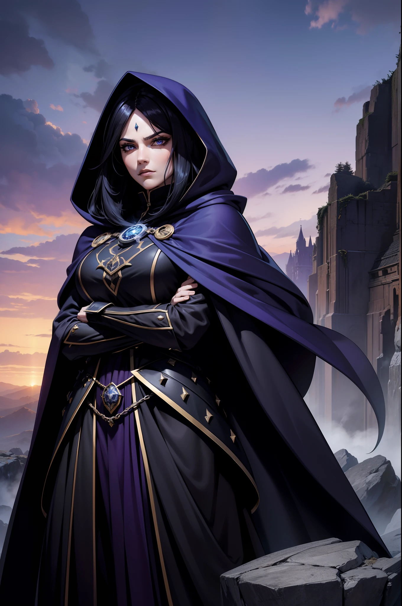 An adult mage character wearing a hooded robe and gothic armor with black details accompanied by an adult mage character wearing a robe, capuz. Tax Posture, face with serious expression, cabelo na cor preta liso preso, hair in black color a remarkable beauty, Magnificent, cor azul dos olhos, Purple sky with magnificent clouds, arms crossed in imposing pose and on top of a tall rock, cabelo curto cidade, portal, Magnificent, 8k,