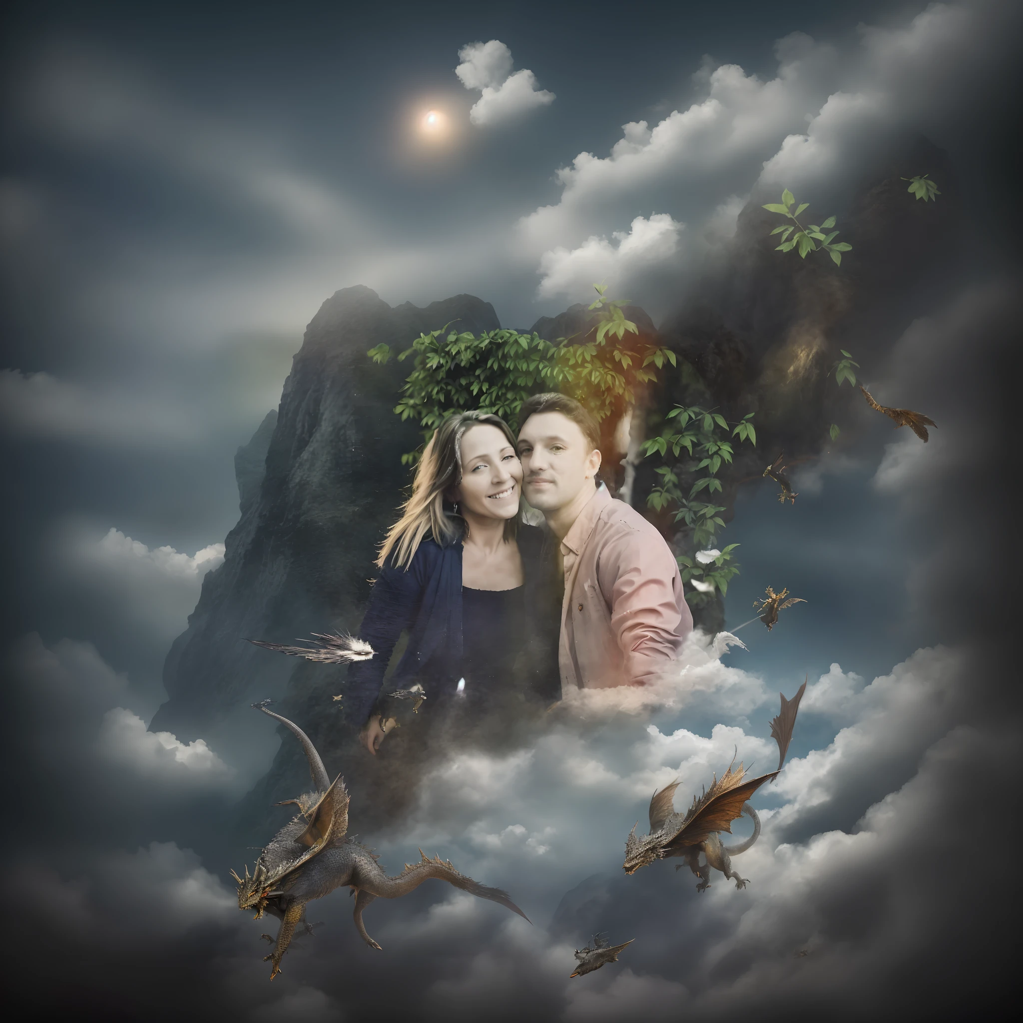 Es gibt zwei Menschen, die zusammen in den Wolken unter einem Regenbogen stehen, Fantasy Genre Portrait, matte painting portrait shot, Hochwertige Fantasy Stockfotografie, Eine epische Fantasie, fantasy portrait, Boris Vallejo Sti, Fantasy Characture Portrait, fantasy art portrait, Fantasy-Charakterfoto, Realistisches Fantasy-Rendering, Fantasy Buchcover, Fantasy-Fotoshooting, Realistische Fantasy-Fotografie, Realistische Fantasy-Illustration