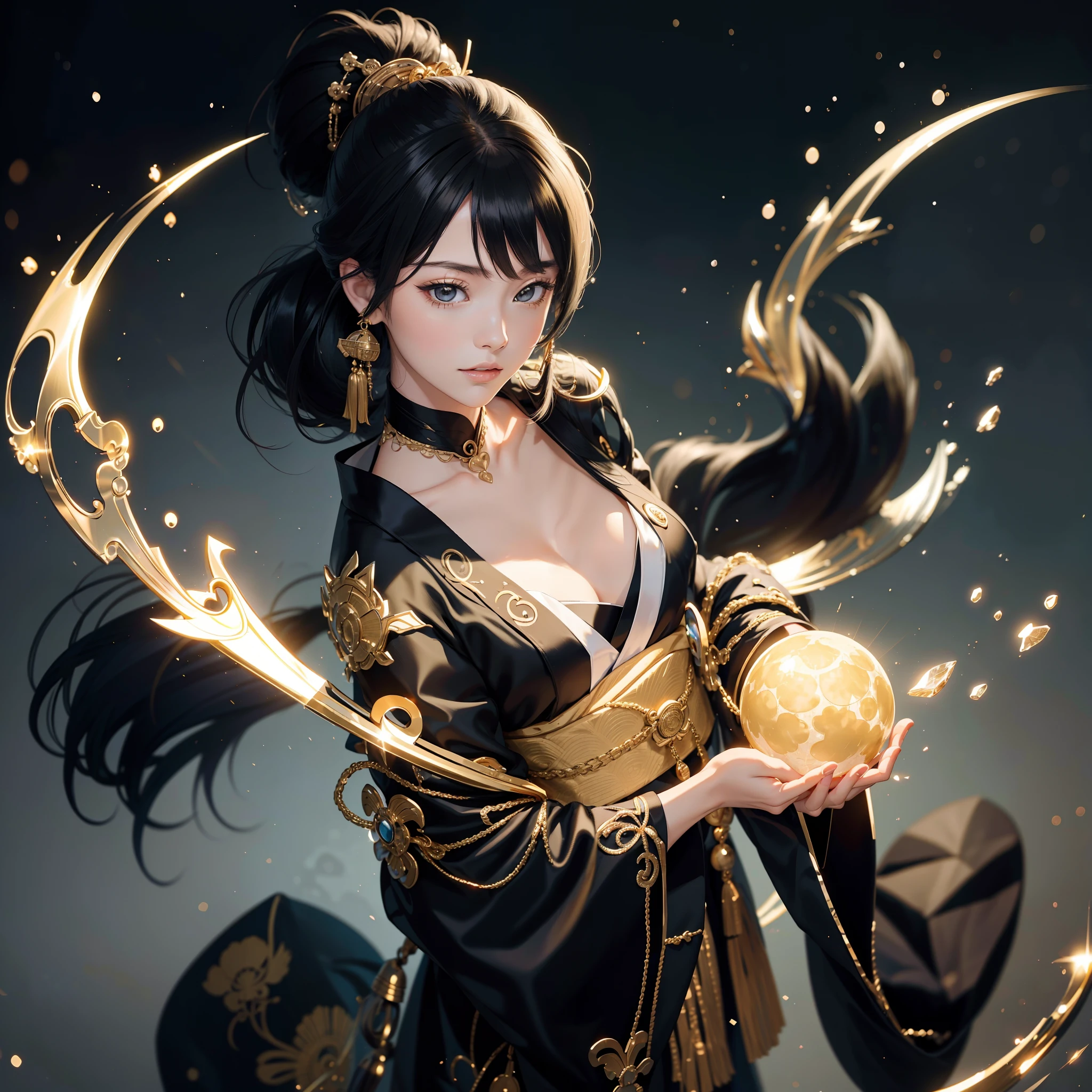 watching at viewers、Background with(ancient city:1.2)(a moon:1)、poneyTail、Woman with shiny black hair、{{{Luxury kimono(Black kimono(Detailed golden embroidery,))}}}、face perfect,Depict a beautiful and graceful woman of Japan。Heart in the eye。full body Esbian。 Wallpaper 8K, .Blur the background with a sickle,((masutepiece)), ((Best Quality))