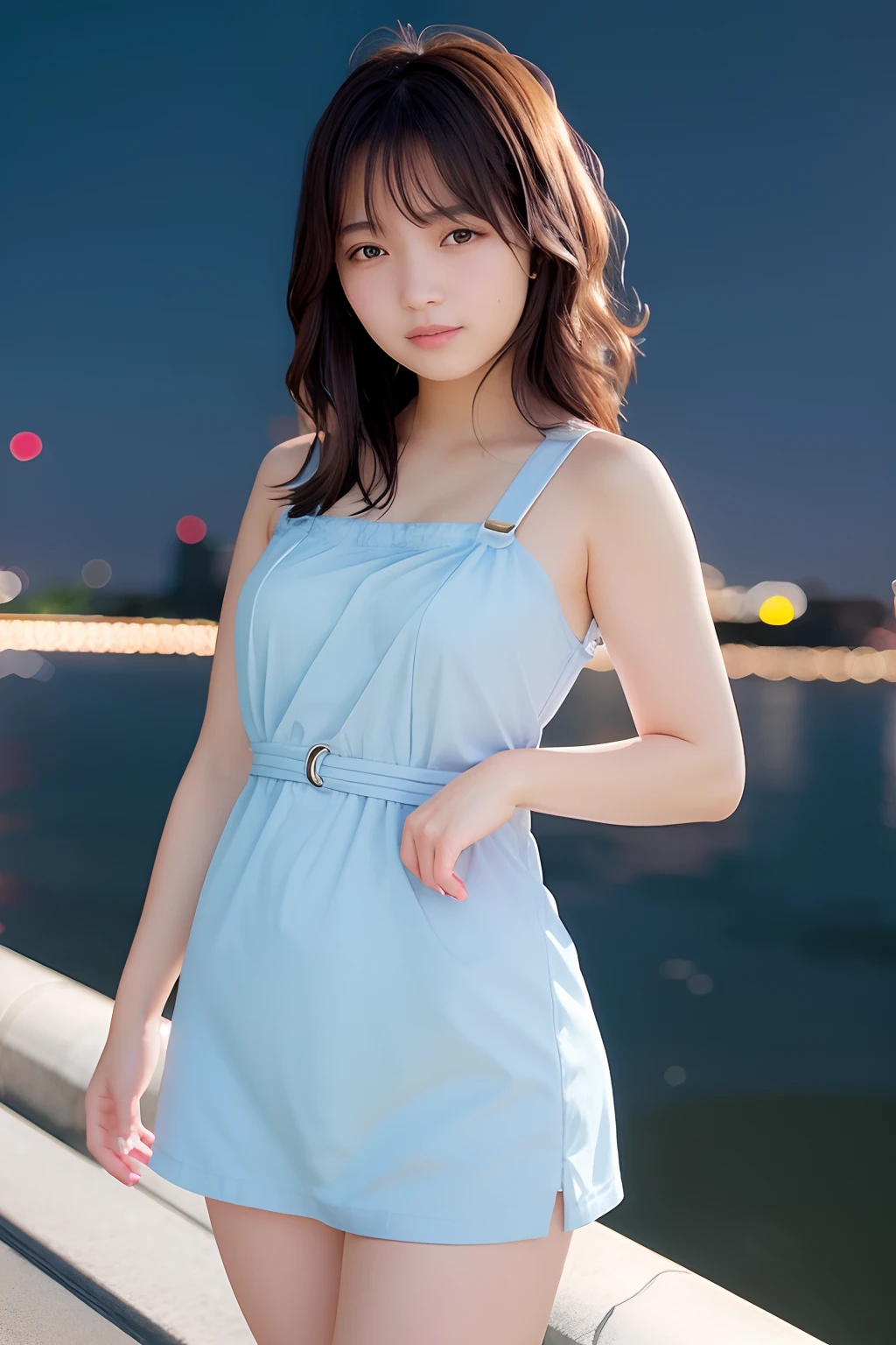 (skin blemish:1.2), (skindentation), black eye, 1woman, 25yo, (((woman))), solo, realistic, best quality, photorealistic, masterpiece, 8k, high res, solo, extremely detailed face, (professional lighting, bokeh), (light particles, lens flare, glowing particles:0.6), (dynamic pose:1.2), soft lighting, top angle view, fashionable and trendy atmosphere, japan, street, tokyo, harbour, skytree, tokyo tower, ((daytime)), sky, ((looking at the viewer:1)), (looking at the camera),(portrait:0.6), cowboy shot, gorgeous, standing, keep original facial proportion, wide shoulder, full body, (small breast), (medium hair), brown hair, floating hair, lips, lipstick, seductive smile, floating hair, smile, open_mouth, teeth, (summer dress:1), eyelashes, mole, (mole under eye:1),