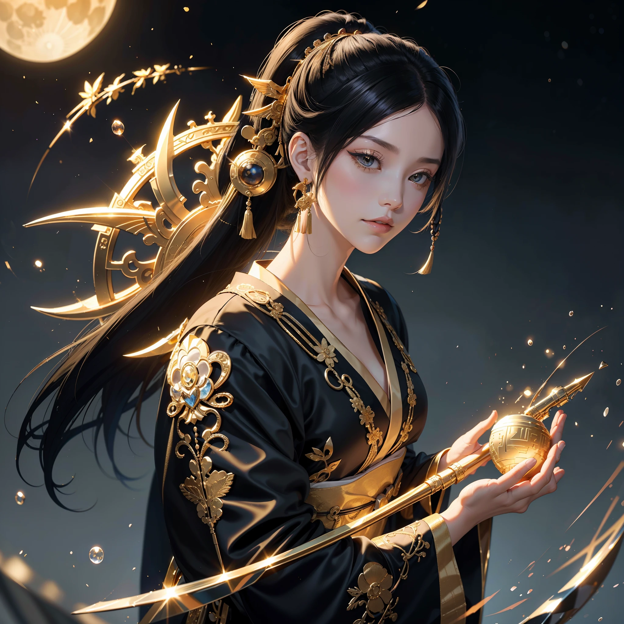 watching at viewers、Background with(ancient city:1.2)(a moon:1)、poneyTail、Woman with shiny black hair、{{{Luxury kimono(Black kimono(Detailed golden embroidery,))}}}、face perfect,Depict a beautiful and graceful woman of Japan。Heart in the eye。full body Esbian。 Wallpaper 8K, .Blur the background with a sickle,((masutepiece)), ((Best Quality))
