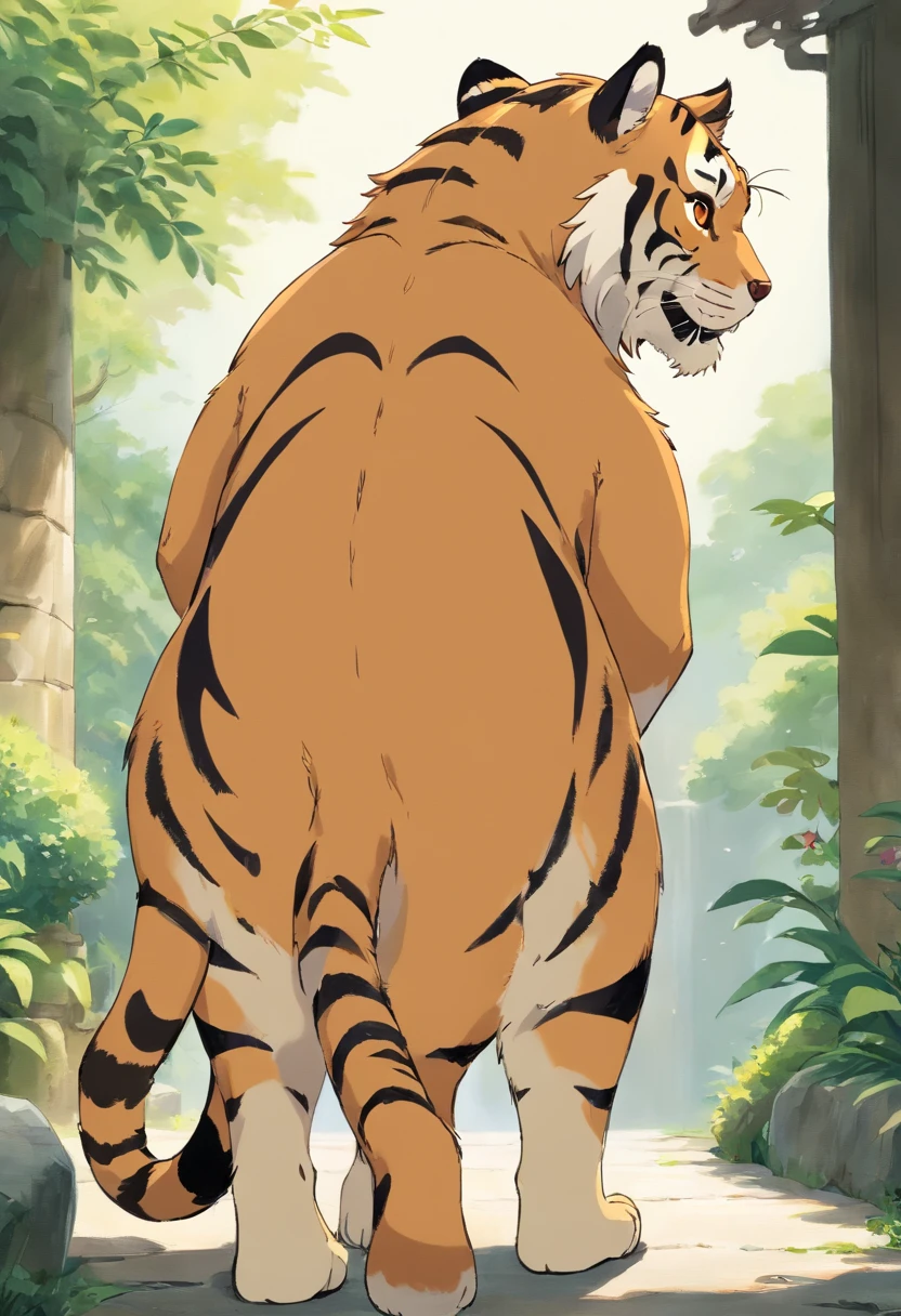 (Best quality,A high resolution), Anthropomorphic tiger character, Adorable, grand, Abs,Walk on two legs,Brown 19th century coat, character sheets, Sitting, Naked boy standing, facing front, Side view, Back view, Multiple postures and facial expressions, aquarelle