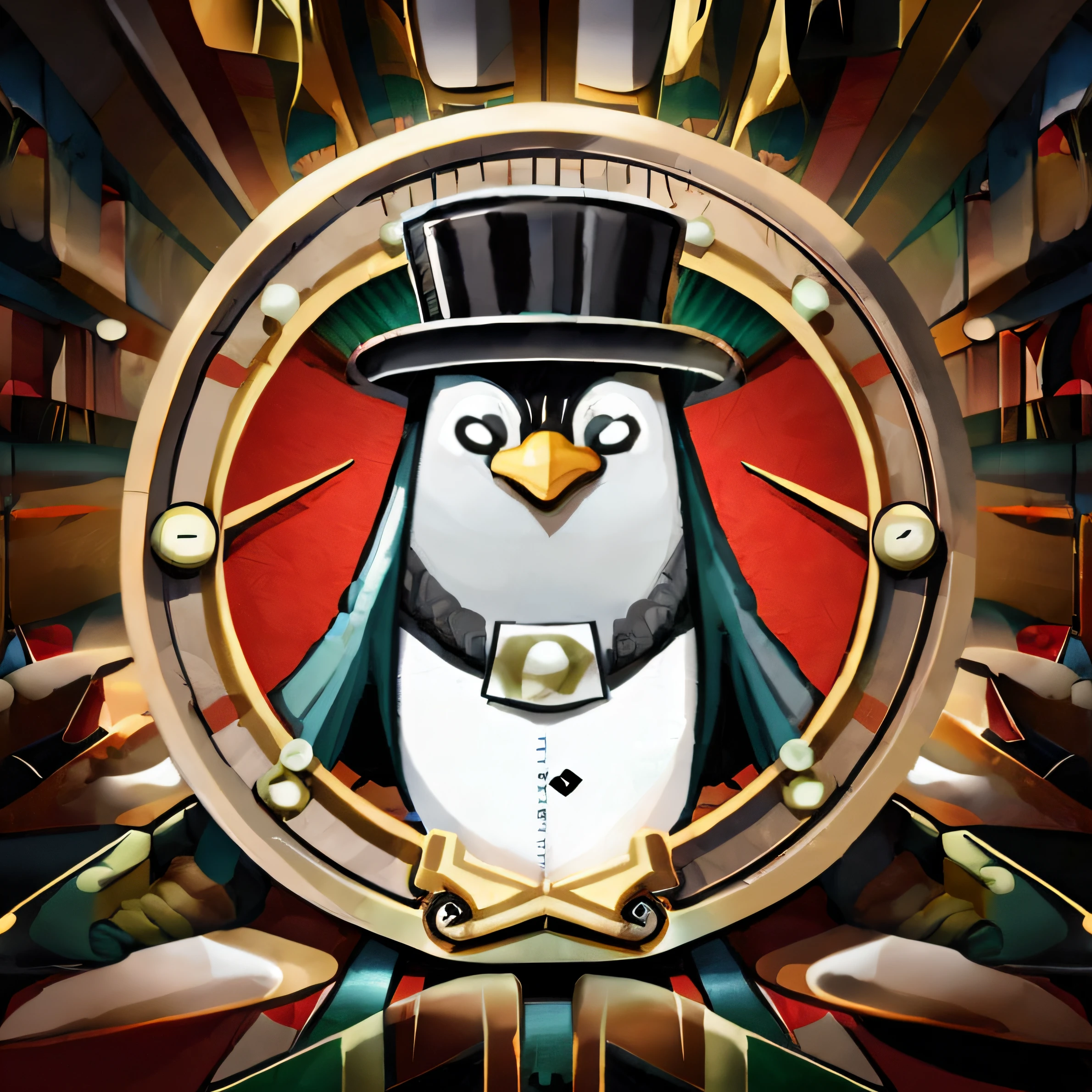 There is a picture of a penguin with a top hat and a suit, pinguim Pinguim0, pinguim, Club Pinguim, Mascot illustration, stylized digital illustration, steampunk illustration, pinguim, por Nedelchev, pinguim gordo, in illustration style digital, Unidade Ativo Pinguim Gordo