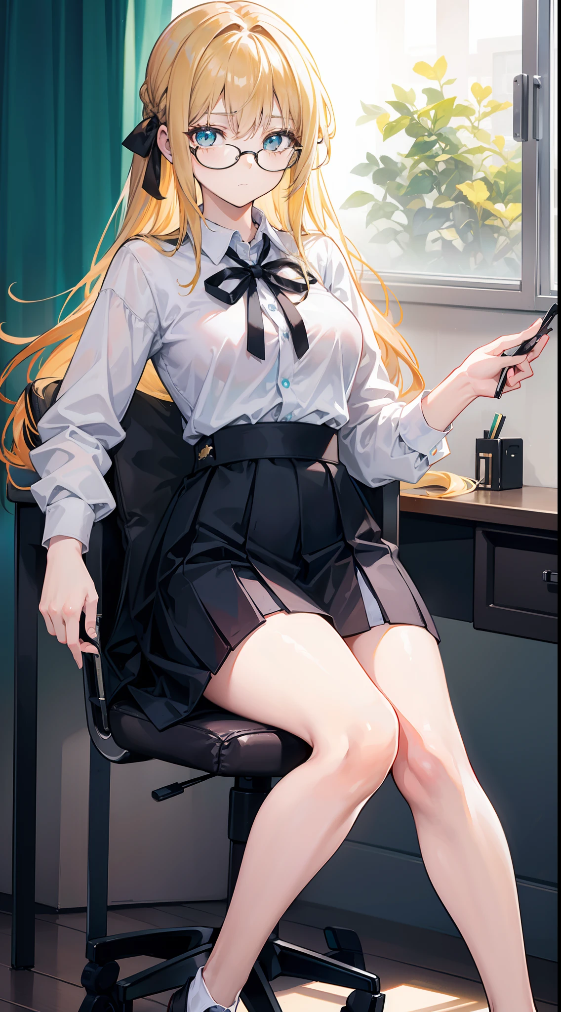 18-year-old woman with golden hair, turquoise eyes, long hair Tie a black ribbon on the back, wear eye glasses. Wearing office uniforms, sitting in chairs.