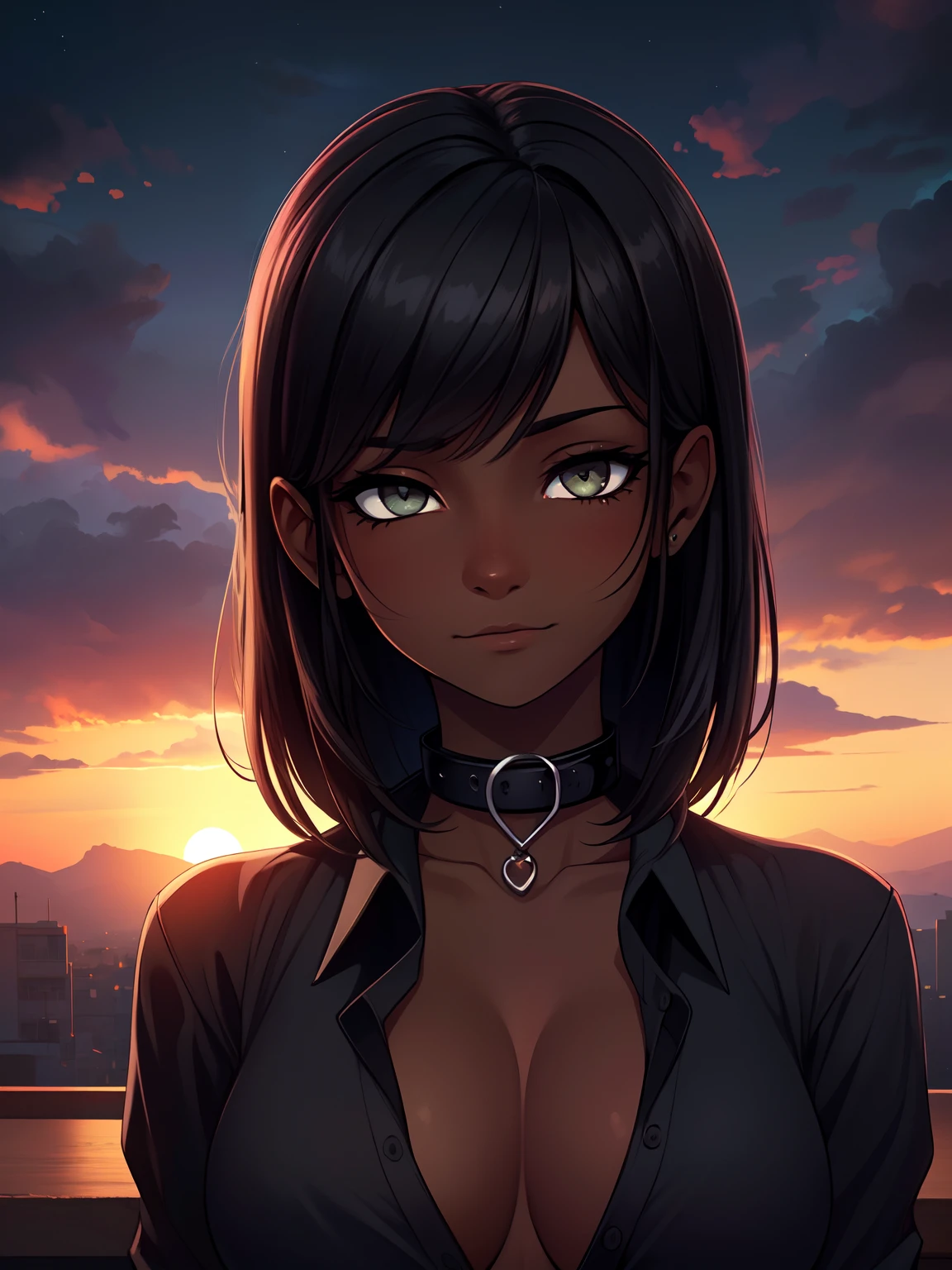 1 girl, (dark skin:1.2), shy, cute, cold expression, (8k, RAW photo, best quality, masterpiece:1.2) ultra-detailed, Super detailed, vivid colors, studio lighting, portrait, white coloured eyes, Night clouds background, Aesthetic, romantic, Luna, wearing goth collar, black hair, unbuttoned shirt revealing her chest