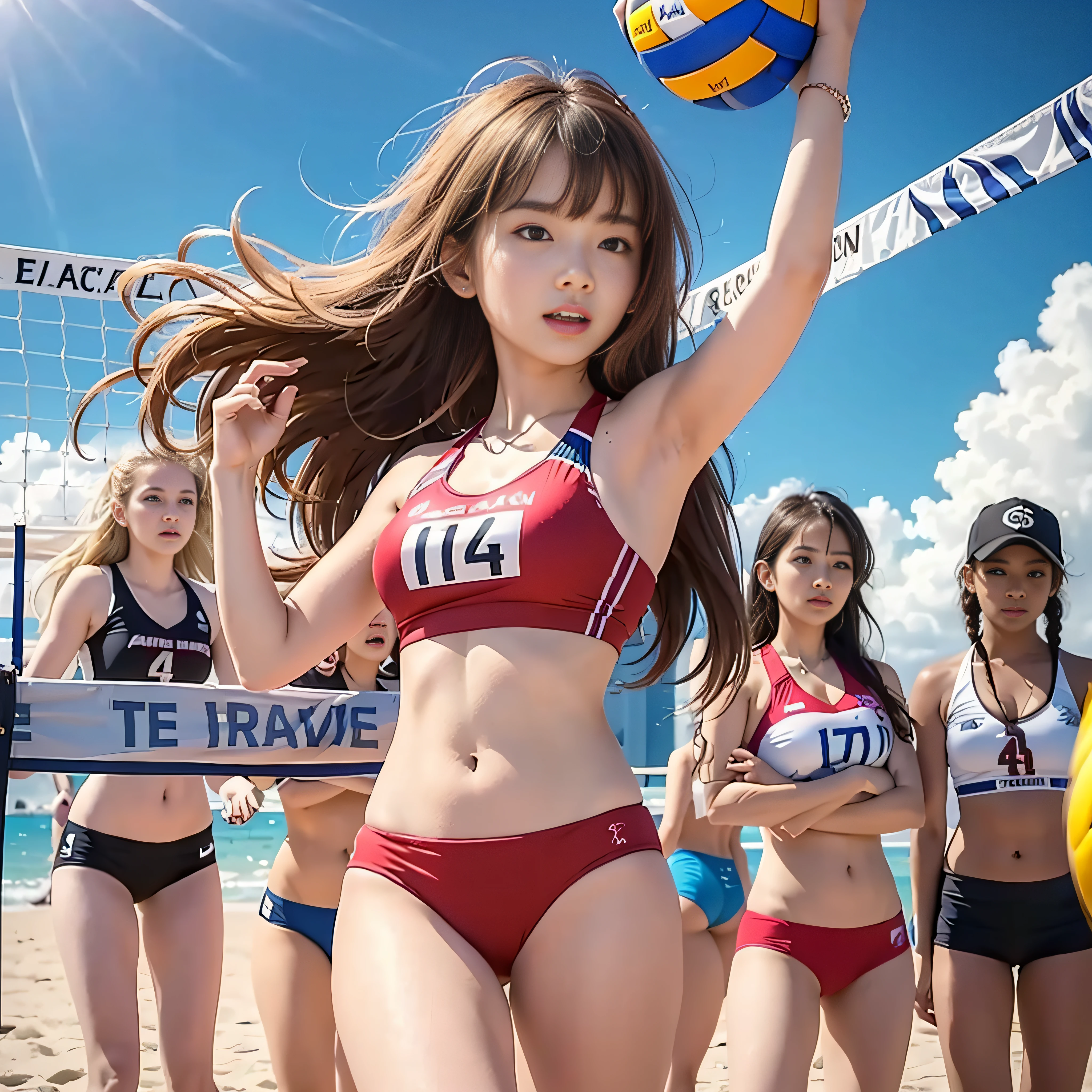 (RAW image quality), 8K picture quality, detailed CG images, {{Teenage female, Caucasian, hundreds of girls, Thousands of girls, Multiple girls, many girl, Only girls, crowd shot, girls are friends}}, Looking at Viewer, Hazel eyes, Extremely detailed, Brown hair, Blonde hair, Red hair, Black hair, {{Blue bikinis, Matching beach volleyball team bikini, identical bikinis, same color bikinis:1.4}}, the beach, Beach party, crowd of girls, girls partying, Happy, Best Quality, High quality, extremely detailed anime screencap, brainwashed girls、(One woman with volleyball:1.4)、