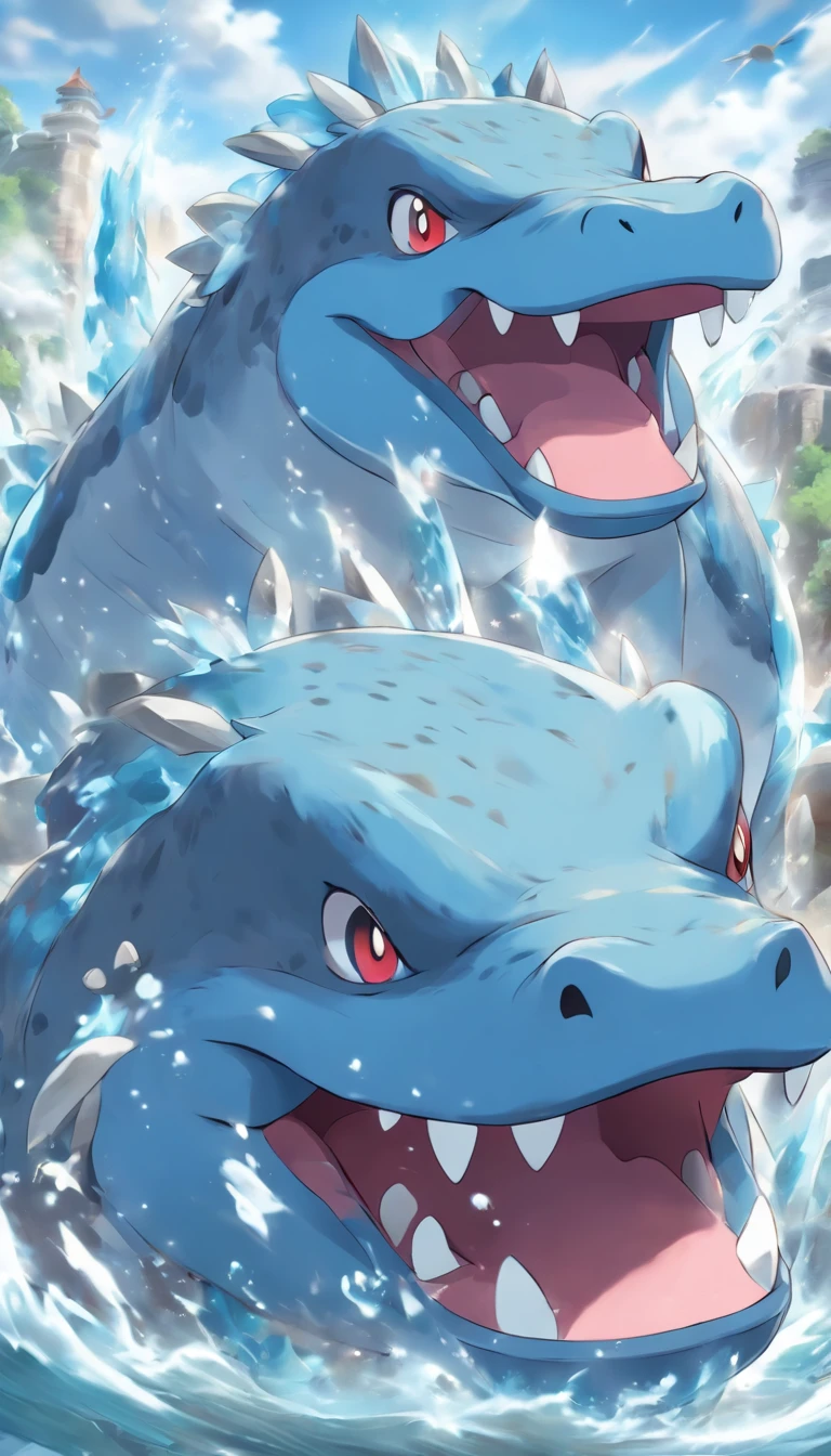 A Pokémon inspired by hippos' Chinese literary style of rock and water attributes,Wears blue-gray skin,Huge mouth and four large teeth。