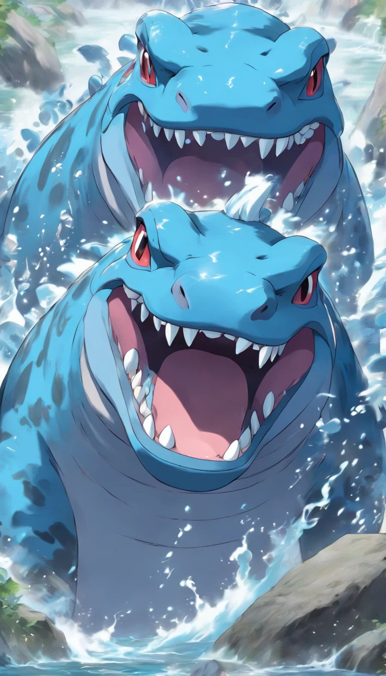 A Pokémon inspired by hippos' Chinese literary style of rock and water attributes，Wears blue-gray skin，Huge mouth and four large teeth。