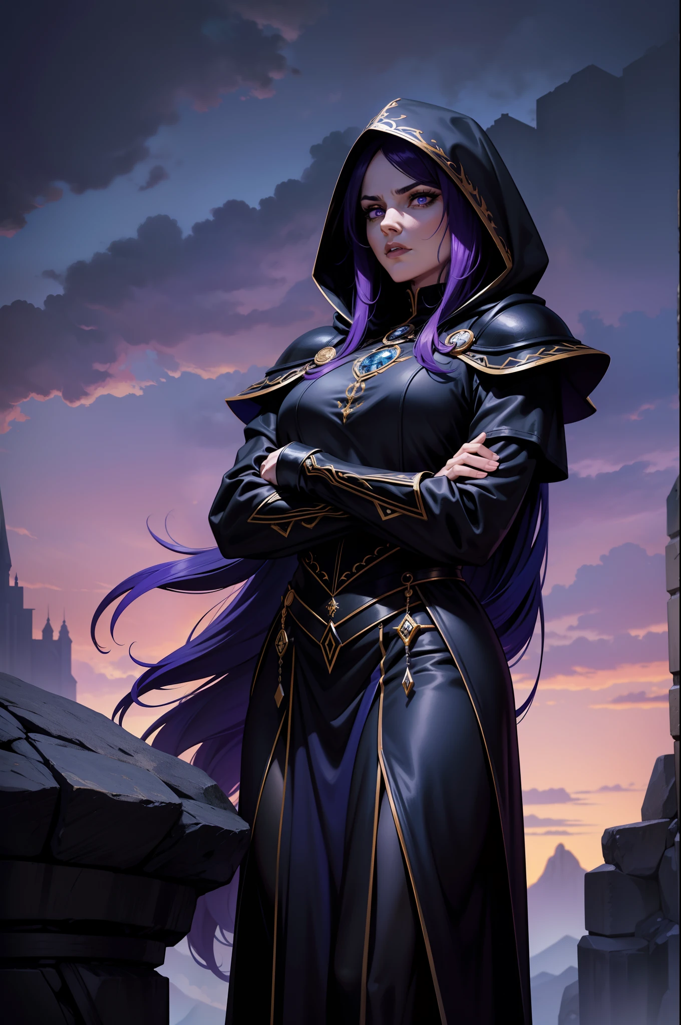 An adult female magician character wearing a hooded cloak and gothic armor with black details. Postura imponente, face with serious expression, hair in black color straight stuck, espada presa a cintura, hair in black color, livro preso a cintura, a remarkable beauty, Magnificent, blue eye color, Sky with magnificent clouds, torre de mago, castelo de magia, garments underneath the armor in purple color, arms crossed in an imposing pose and on top of a high rock