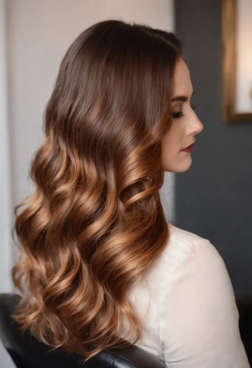 Woman in hairdresser seen from behind sitting with extra detailed 4k raw gold copper balayage hair