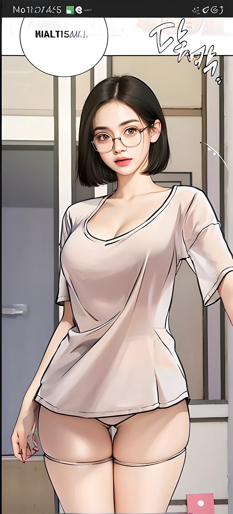 (photorealistic:1.4), best quality, masterpiece, ultra high res, 1girl, (detailed face:1.2), (detailed eyes:1.2), (detailed hair:1.2), (detailed clothes:1.2), 4k, (detailed color:1.2), (black short hair:1.2), glasses, tshirt, short pants,