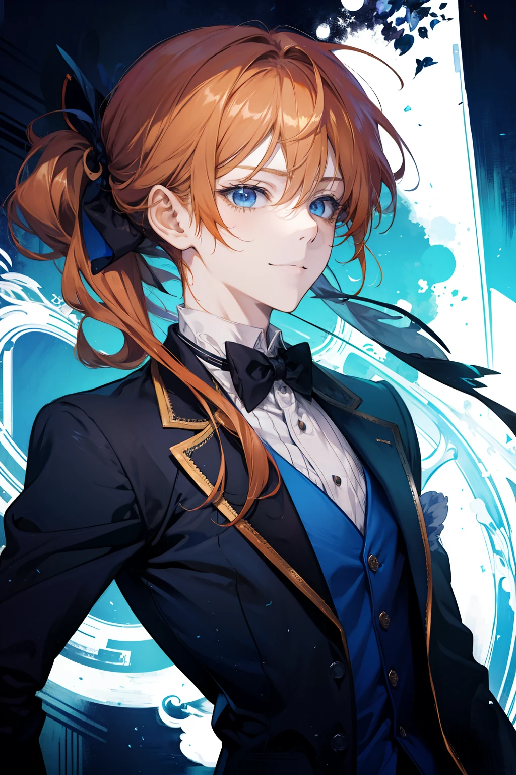 Tensura,  boy, long light orange hair tied back, blue eyes, butler outfit, gentle smile