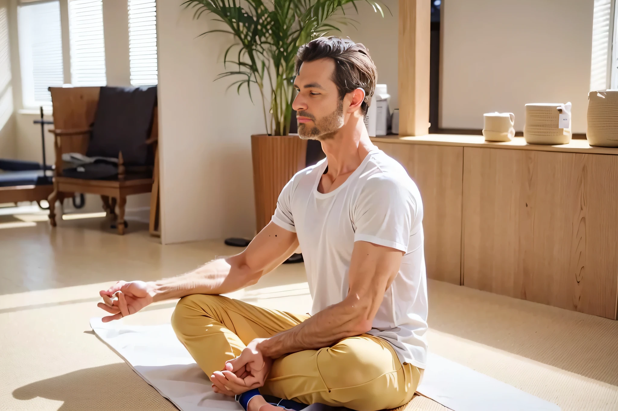 Andres assis sur un tapis de yoga dans un salon en train de faire du yoga, meditation pose, meditative pose, Meditating, Meditate in the lotus position, Stoic pose, File photo, sitting cross-legged, Meditative sacred pose, Relaxed pose, Zen Meditation, Yoga meditation posture, meditation, relaxed posture, lotus pose, photo of a man, archive image