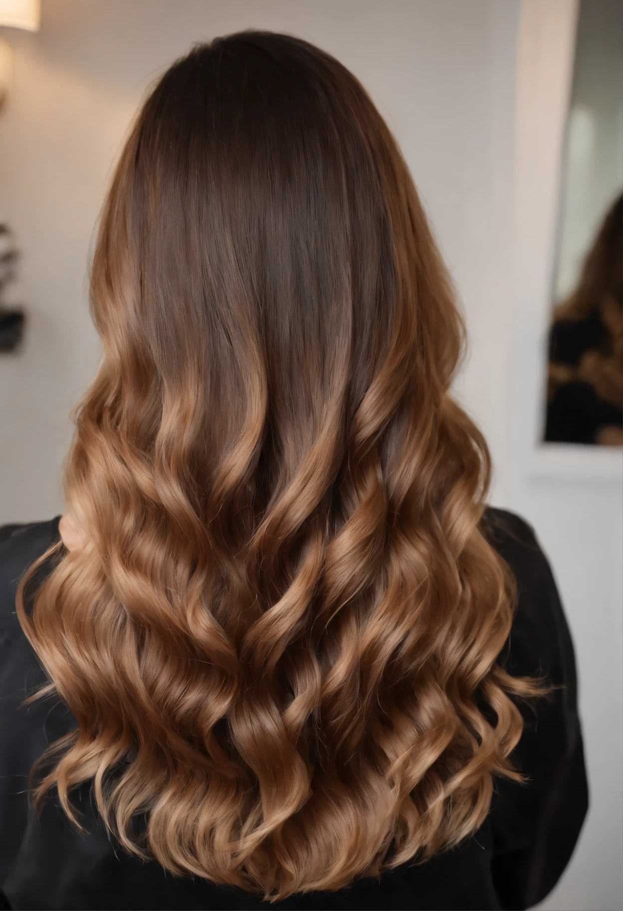 Woman in hairdresser seen from behind sitting with extra detailed 4k raw gold copper balayage hair