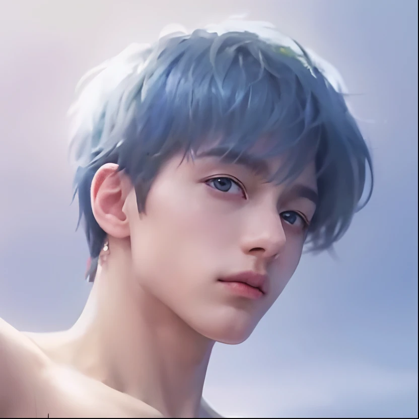 8K, Best Quality, Masterpiece, Ultra High Definition, (Realistic: 1.4), Original Image, (Realistic Skin Texture: 1.3), (Film Grain: 1.3), (Selfie Angle), (1 Boy), (Short Hair), (Blue Hair), Beautiful Eyes And Face Detail, Masterpiece, Best Quality, Close Up, Toned Body, Perfect Muscles, Exposed Chest Muscles, Body 6 pack, Natural skin, Hairless, Shirtless, Transparent white underwear, (Boy standing), Summer, Green lawn, Trees, Grass, Flowers, Blue sky, White clouds, Stream , Light, green hair