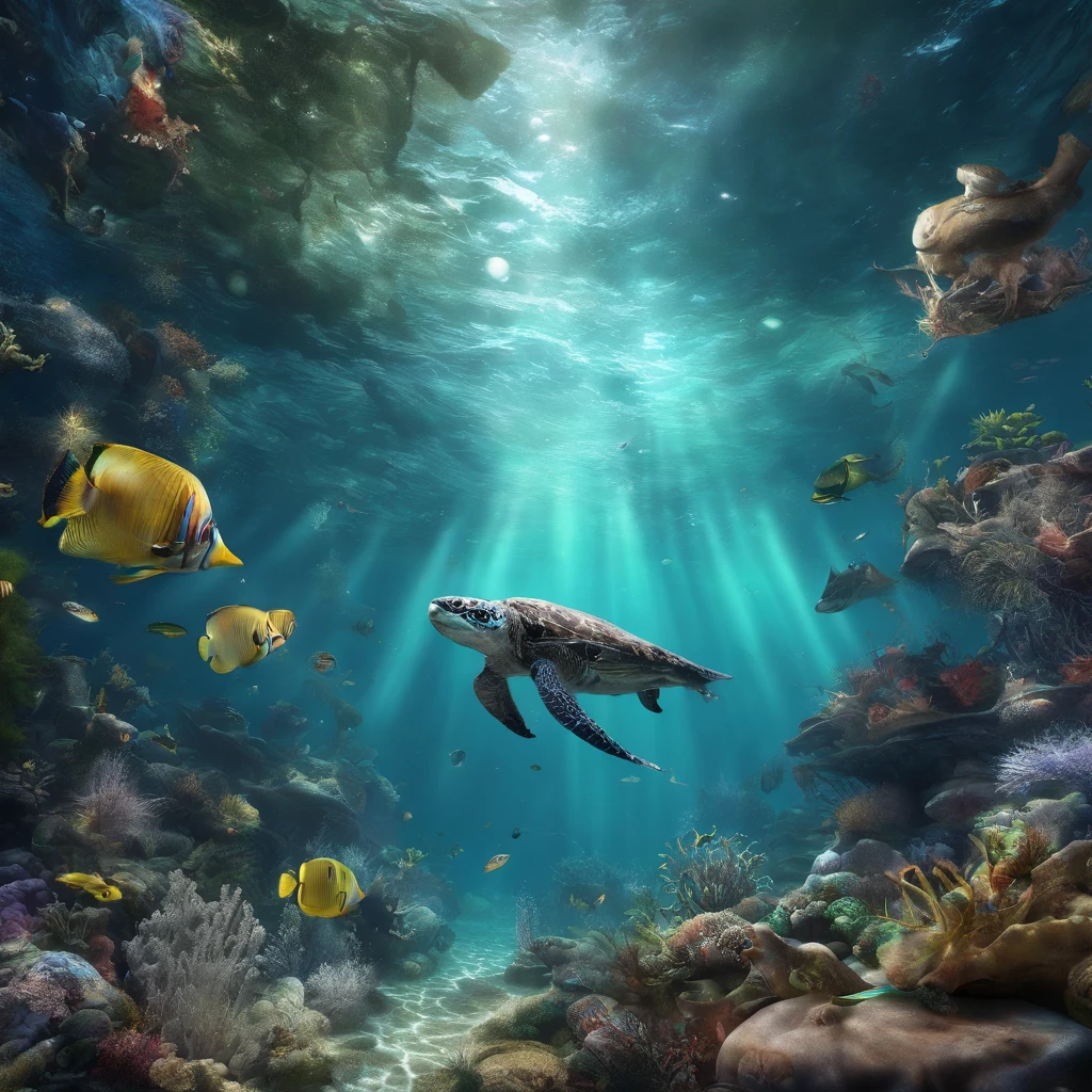 Open World,Undersea Acarandis,fantastic color,Draw the underwater world,Fluctuations in clear water,Fluctuating bubbles in water,Very wide angle shot,Fantastic artistic expression,