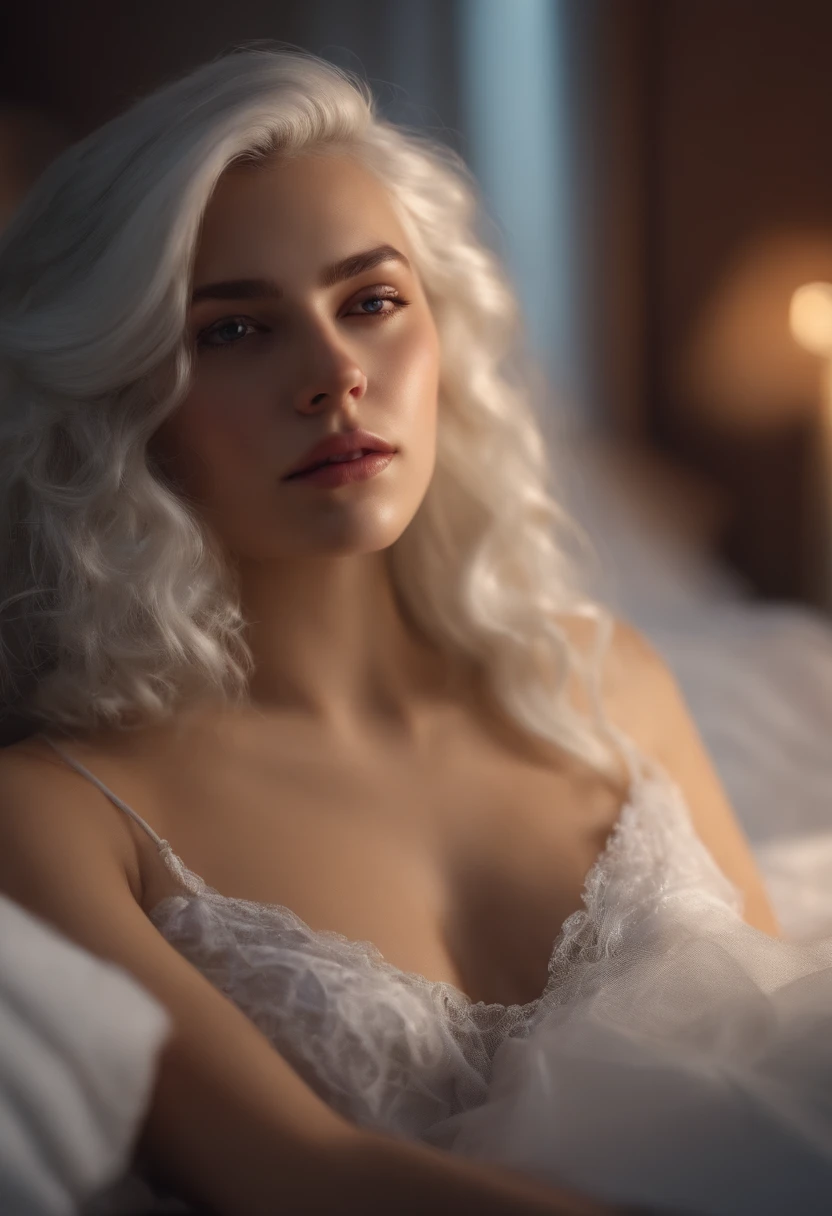 Masterpiece, Top Quality, Super Detail, 8K, Detailed Light, Detailed Shadows, RAW, (Detailed Skin), (Real: 1.2),, 1 Nordic girl, face, (21 years old), white hair, sleeping on a plush bed, night dress