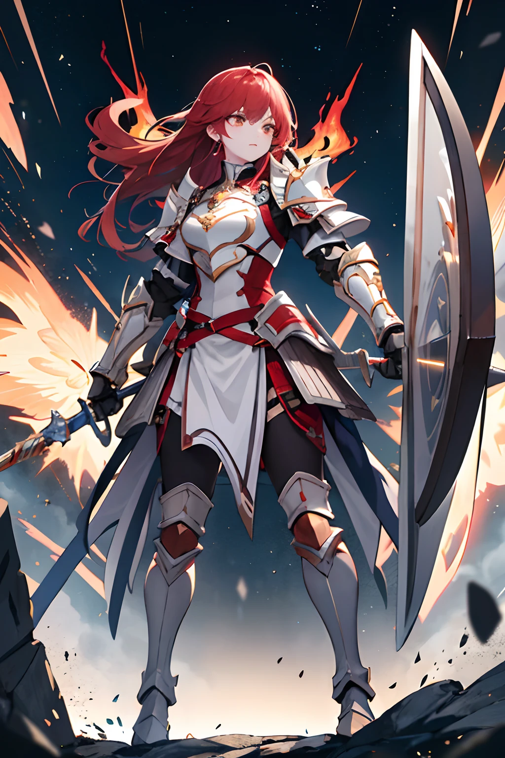 Female, long hair, bright red hair, red eyes, tanned skin, wearing crimsom armor, holding crimsom Sword, determined face, blood, blood moon