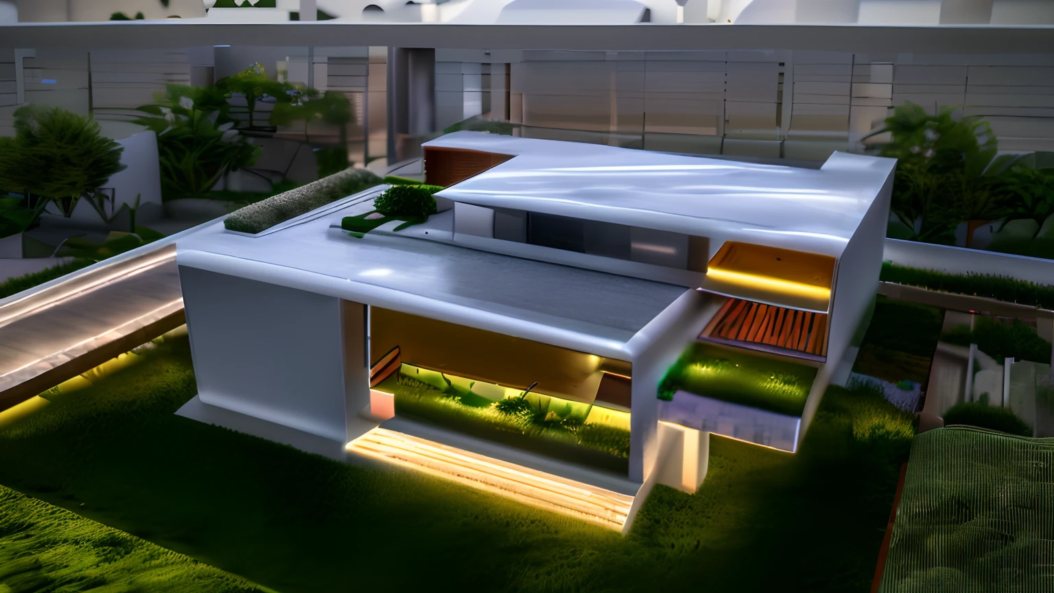 Organic modern architecture on a plot without walls and fences, Terreno bastante grande, terreno com cavalos, paisagem liver, pradaria com arvores , There is a swimming pool in the middle of a large one-story house, cor da casa em vigas marrom chocolate e preto, large modern residence, telhados planos e jardim, render luxcore, renderizar oktane, a photorealistic rendering, architectural render, mantra rendering, architectural render, realism rendering, architectural visualisation, piscina de bem-estar, architectural visualisation, Large green areas, com pequenas zonas de flores de lavanda, arbustos verdes tipo exuberante jardim verde, as well as small water mirrors, swimming pool embedded in an area of sand, oliveiras e pinheiros ao redor da casa, 8k ultra-realista, muito detalhe, (realistic), raw, blue sky, glass, render. vray, trees, road, modern