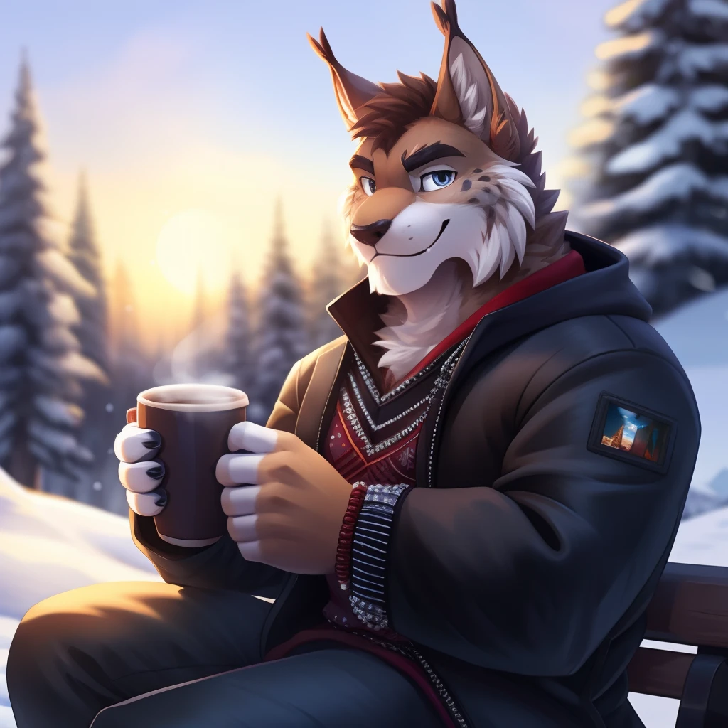 Canadian Lynx, furry, anthropomorphic, dark gray furs, dark brown  rosette pattern, gruff looking, beaded, mature adult, clear detailed expressions (detailed eyes), strong built, full portrait, picture from camera, wearing winter clothes, cartoony, eye level camera, outdoor lighting, soft lighting, sitting on a bench, one hand holding a cup of coffee, looking straight, looking to viewer, calm expression (soft smile), snowy town scenery, bokeh effect, blurred background,