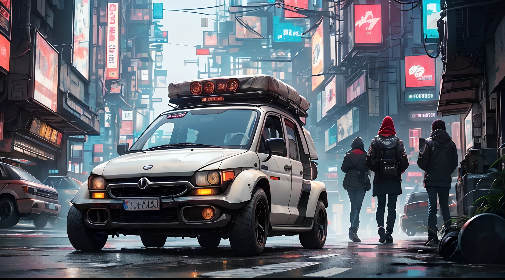 (at late night:1.3), , (detailed beautiful skin textures, detailed beautiful face, ultra detailed clothing textures), , (Cyberpunk:1.4), , (an ultra detailedfour-wheeled and long bonnet tuk-tuk with letter-tyres), , (3/4 front view, The car is in the center of the frame), , (at parking area, at ultra detailed Night City of Cyberpunk), (All cars are classic cars with cyberpunk custumed), , (softlighting), , (masterpiece, best quality:1.4, 8k, ultra detailed, illustration, distinct_image, intricate_details, delicate illustration), (realistic:0.15),