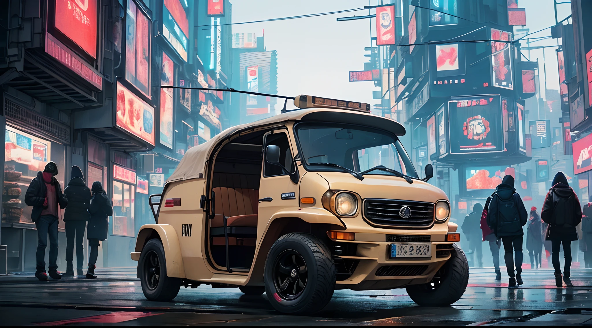 (at late night:1.3), , (detailed beautiful skin textures, detailed beautiful face, ultra detailed clothing textures), , (Cyberpunk:1.4), , (an ultra detailedfour-wheeled and long bonnet tuk-tuk with letter-tyres), , (3/4 front view, The car is in the center of the frame), , (at parking area, at ultra detailed Night City of Cyberpunk), (All cars are classic cars with cyberpunk custumed), , (softlighting), , (masterpiece, best quality:1.4, 8k, ultra detailed, illustration, distinct_image, intricate_details, delicate illustration), (realistic:0.15),