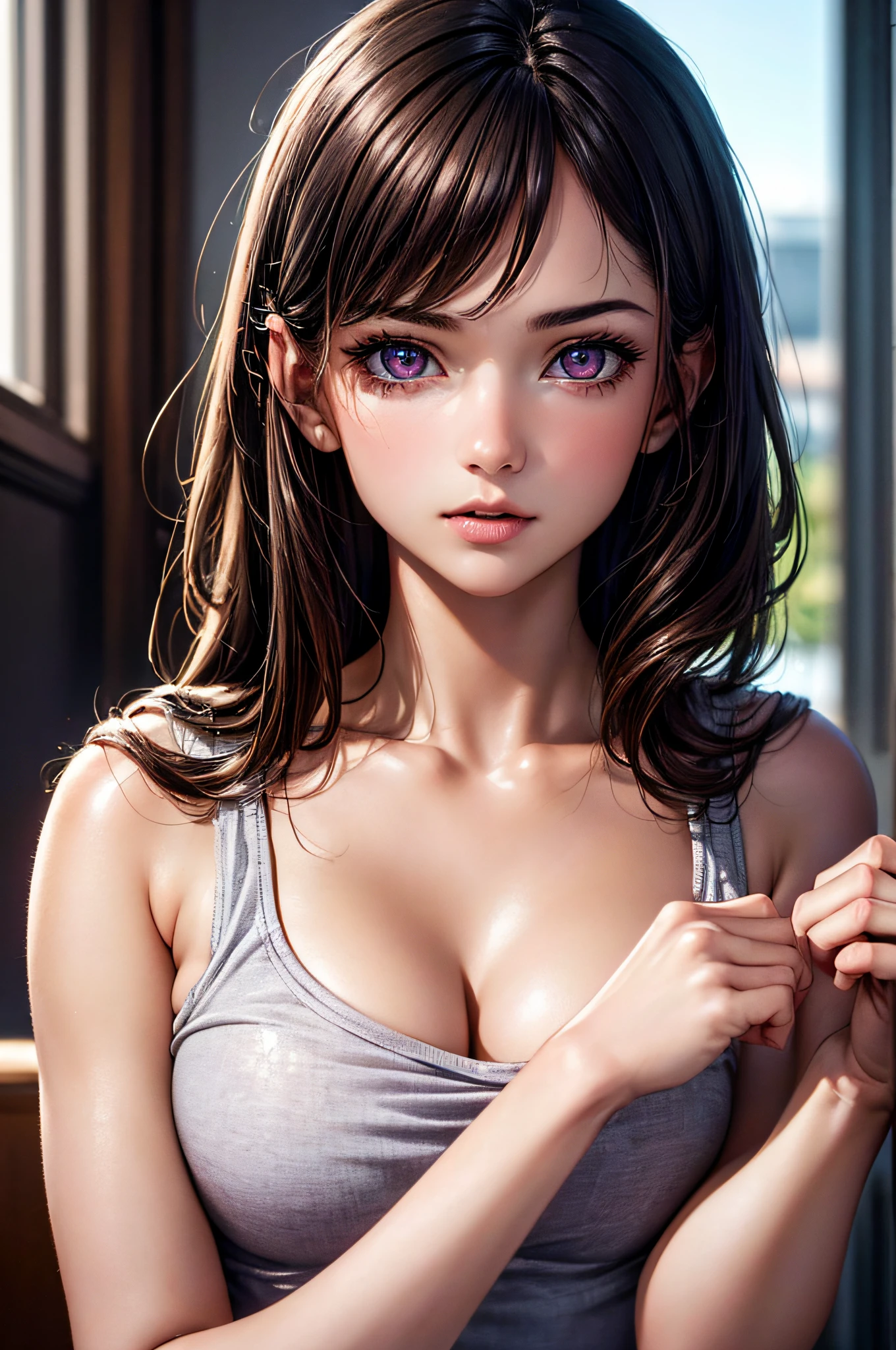 ((1girl in)), ((Best Quality)), (Ultra-detailed), (extremely detailed CG unified 8k wallpaper), Highly detailed, High-definition raw color photos, Professional Photography, Brown hair, Amazing face and eyes, Pink eyes, (amazingly beautiful girl), School, crass room, Sitting,