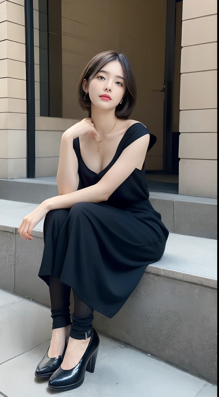 ((best quality, 8k, masterpiece: 1.3)), sharp: 1.2, perfect body beauty: 1.4, slender abs: 1.2, ((layered hairstyle, big breasts: 1.2)), (bandeau dress white: 1.1 ), city streets: 1.2, highly detailed facial and skin textures, detailed eyes, double eyelids, long brown hair, thin dress, hands behind, squatting, slightly revealing panties, revealing cleavage.