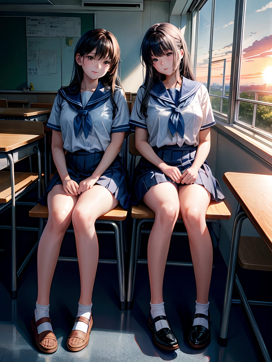 lighting like a movie、top-quality、school classrooms、Two high school girls sitting on chairs and hugging each other、the setting sun、At dusk、early evening、fullllbody、Full body、