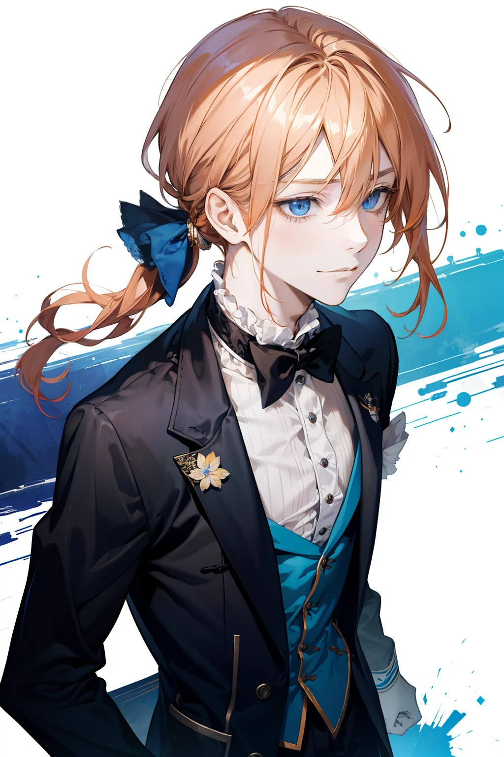 Tensura, 14 year old boy, long light orange hair tied back, blue eyes, butler outfit, gentle smile