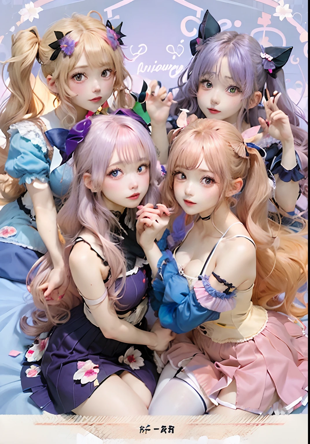 6girls, Ichigo Hoshimiya, Akari Ozora, Yume Nijino, Aine Yuki, Mio Minato, Raki Kiseki, school uniform, long hair, pigtails hair, chest-length hair, medium-long hair, wavy blonde hair, honey brown hair, long blonde and pink ombre hair, thickly curled cornflower lilac-pink hair, sky blue & lavender ombre hair, pale khaki, strawberry red eyes, magenta eyes, gradient orange eyes, orange & yellow eyes, cerise eyes, paradise-pink & pastel yellow eyes, realistic, ultra detail, 4k, 70mm lens,