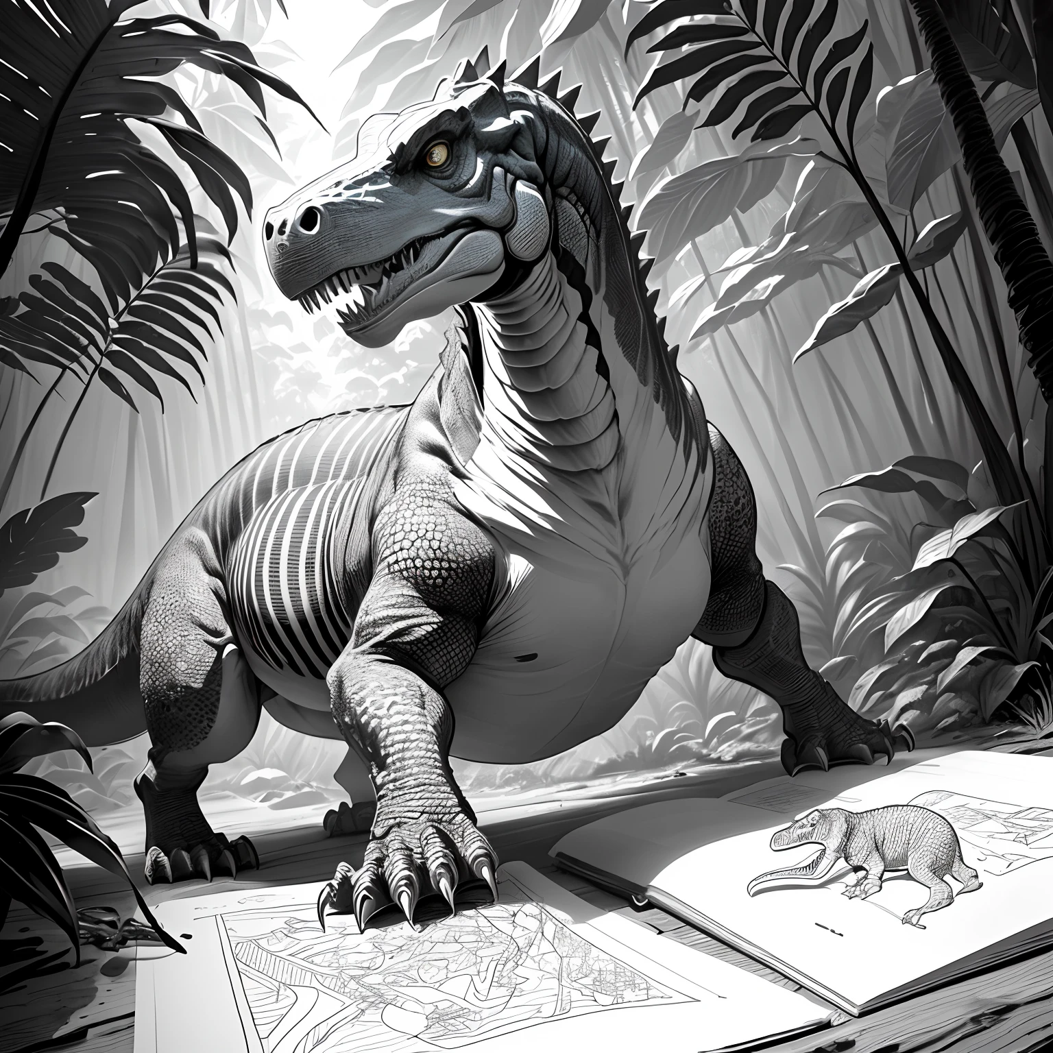 create a coloring page for kids.Draw a 3d tyrannosaurus rex in a jungle.No details and no shading.