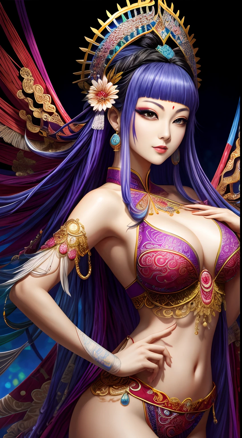 (tmasterpiece,top Quority,best qualtiy,offcial art,Beauty and aesthetics:1.2),(1girll:1.3),The is very detailed,(s fractal art:1.5),Extremely colorful,Most detailed,(zentangle:1.2),(dynamicposes) ,(abstract backgrounds:1.5),(Peking Opera costumes:1.2),(shiny skins),(many color:1.4),The upper part of the body,tmasterpiece,best qualtiy,high qulity,A high resolution,16k,primitive,超A high resolution,Hyper-detailing,finely detailled,Very fine and beautiful,The is very detailed,True shadows,anime big breast,Highly detailed painting,Award-winning glamour paintings,Wonderful painting,art-style,Stylized,