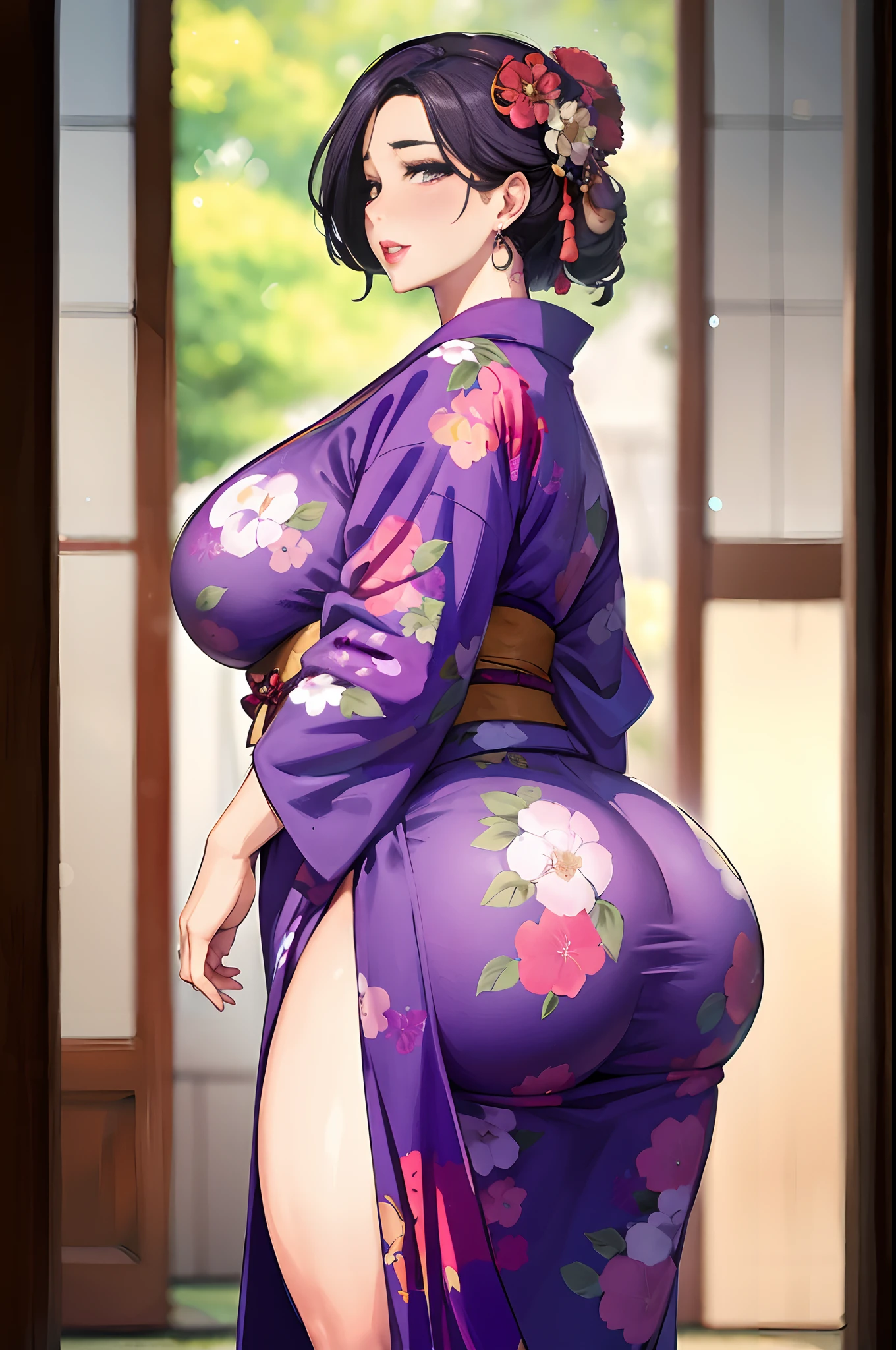 Alafe in kimono with flowers in her hair, in a kimono, in a kimono, goddess of Japan, wearing royal kimono, oppai proportions, saggy purple robes, Chic, beautiful alluring anime woman, Wearing kimono, juri misaki, Seductive Anime Girl, oppai, inspired by Nishikawa Sukenobu, Voluptuous body, curvy body, Naughty anime style, plus size model, Scruffy body,Erotic cartoon style body, Married woman's big ass,Eros of a married woman, Married woman style, Married woman atmosphere